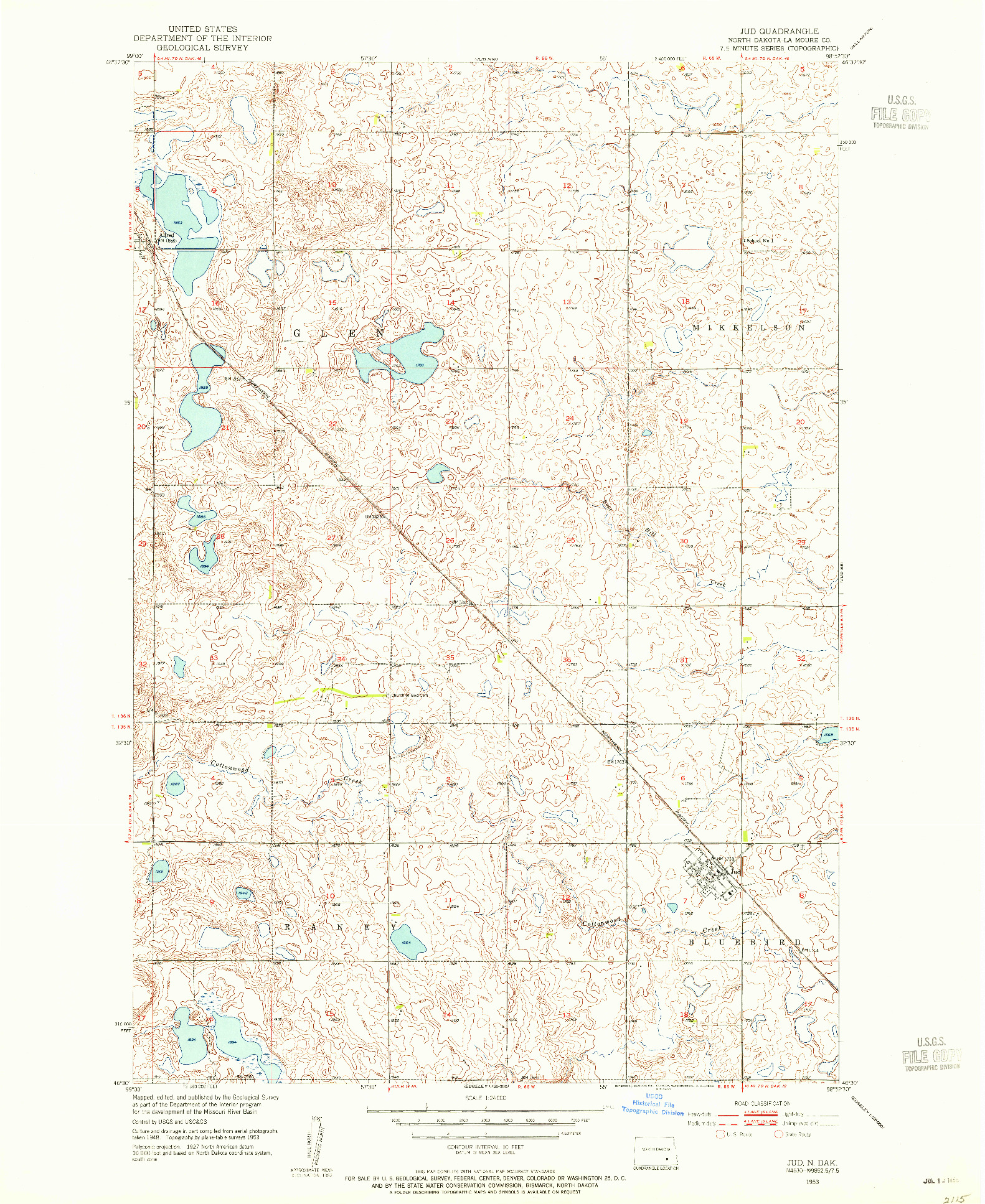 USGS 1:24000-SCALE QUADRANGLE FOR JUD, ND 1953