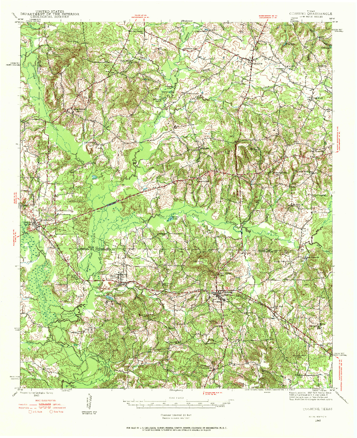 USGS 1:62500-SCALE QUADRANGLE FOR CUSHING, TX 1943