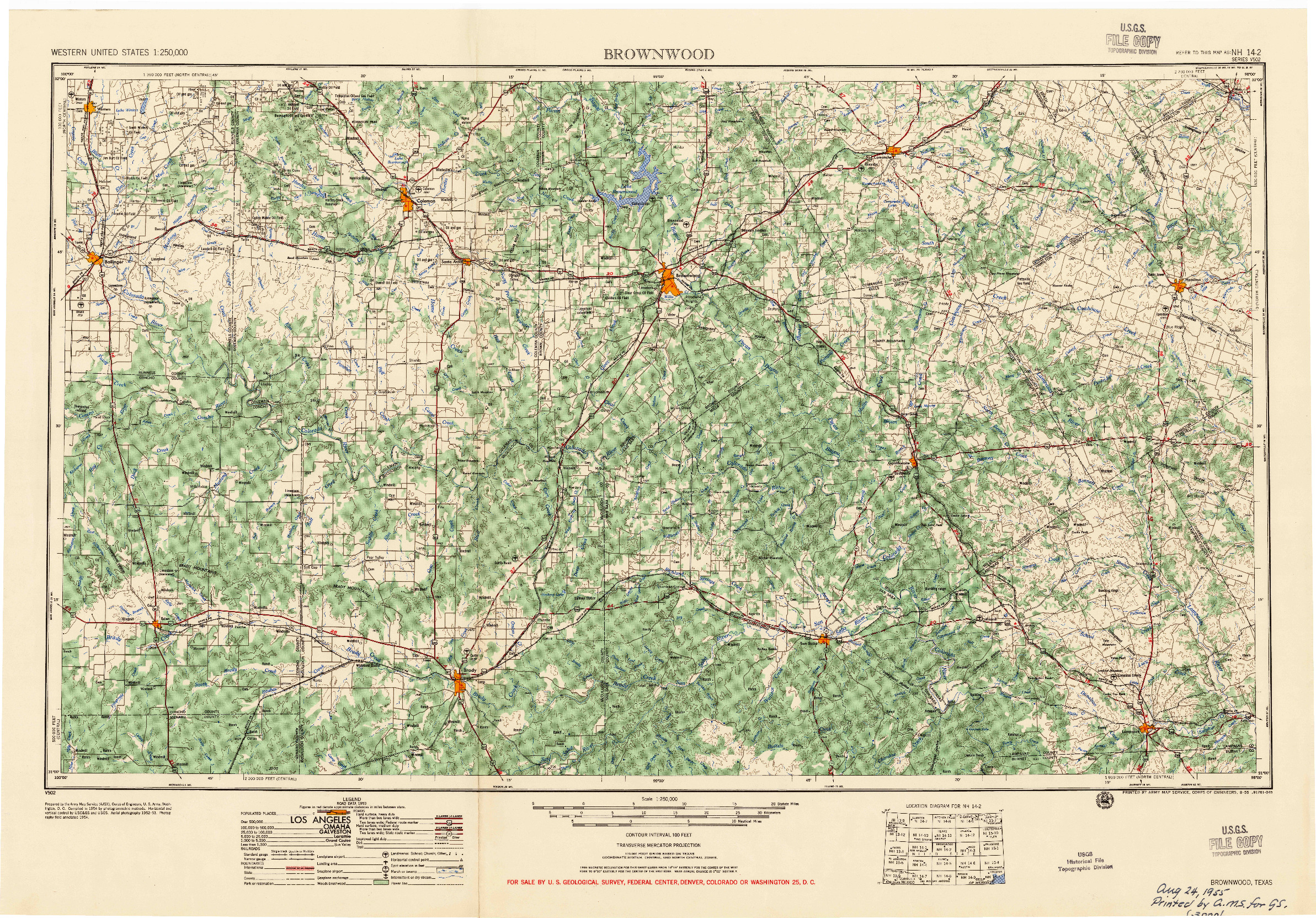 USGS 1:250000-SCALE QUADRANGLE FOR BROWNWOOD, TX 1954