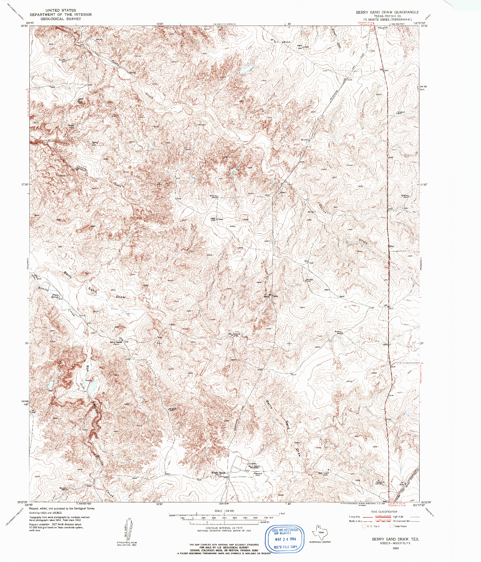 USGS 1:24000-SCALE QUADRANGLE FOR BERRY SAND DRAW, TX 1953