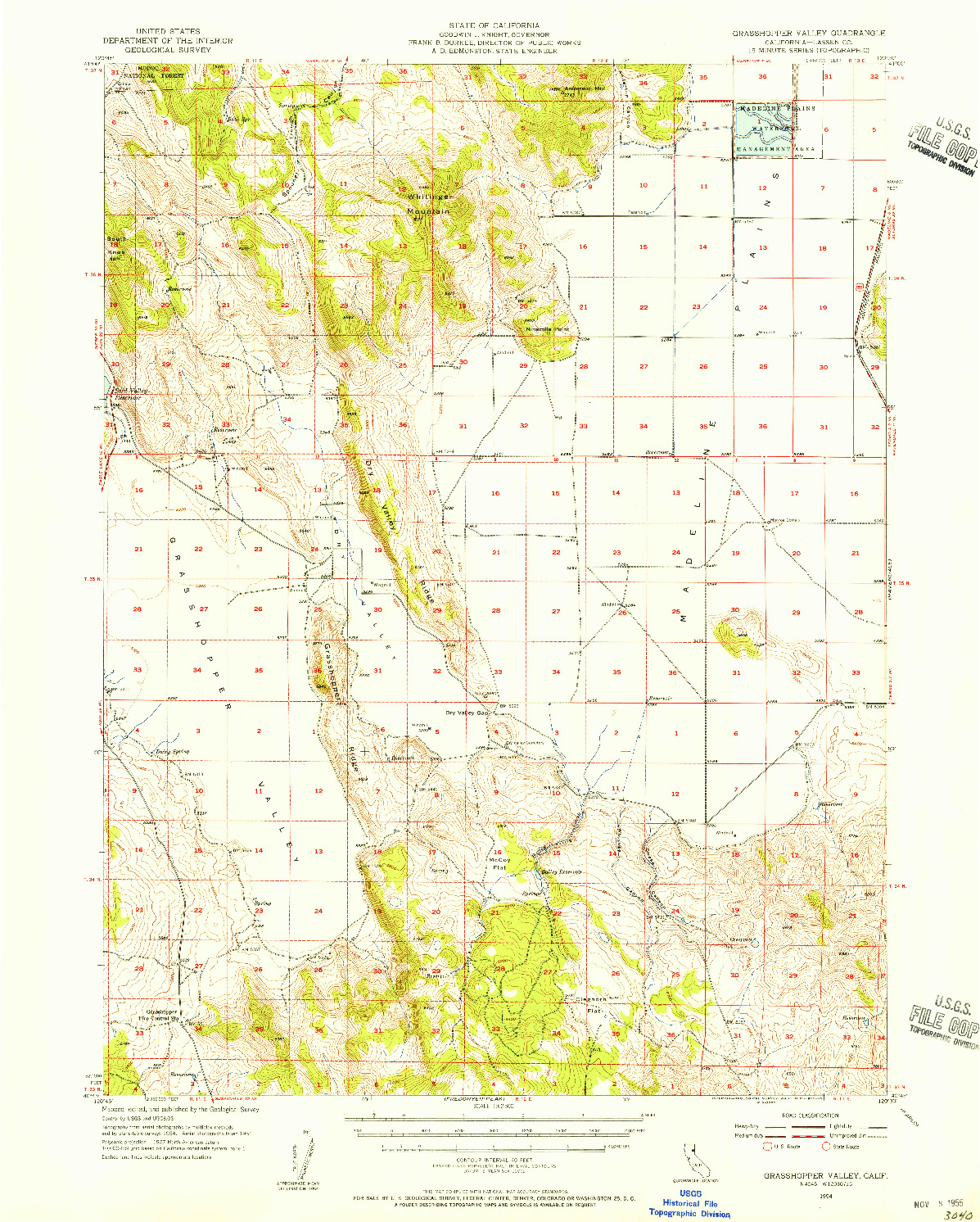 USGS 1:62500-SCALE QUADRANGLE FOR GRASSHOPPER VALLEY, CA 1954