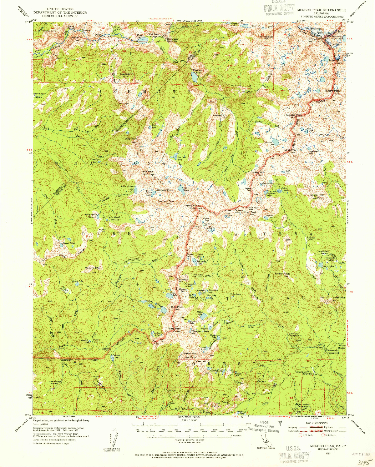 USGS 1:62500-SCALE QUADRANGLE FOR MERCED PEAK, CA 1953