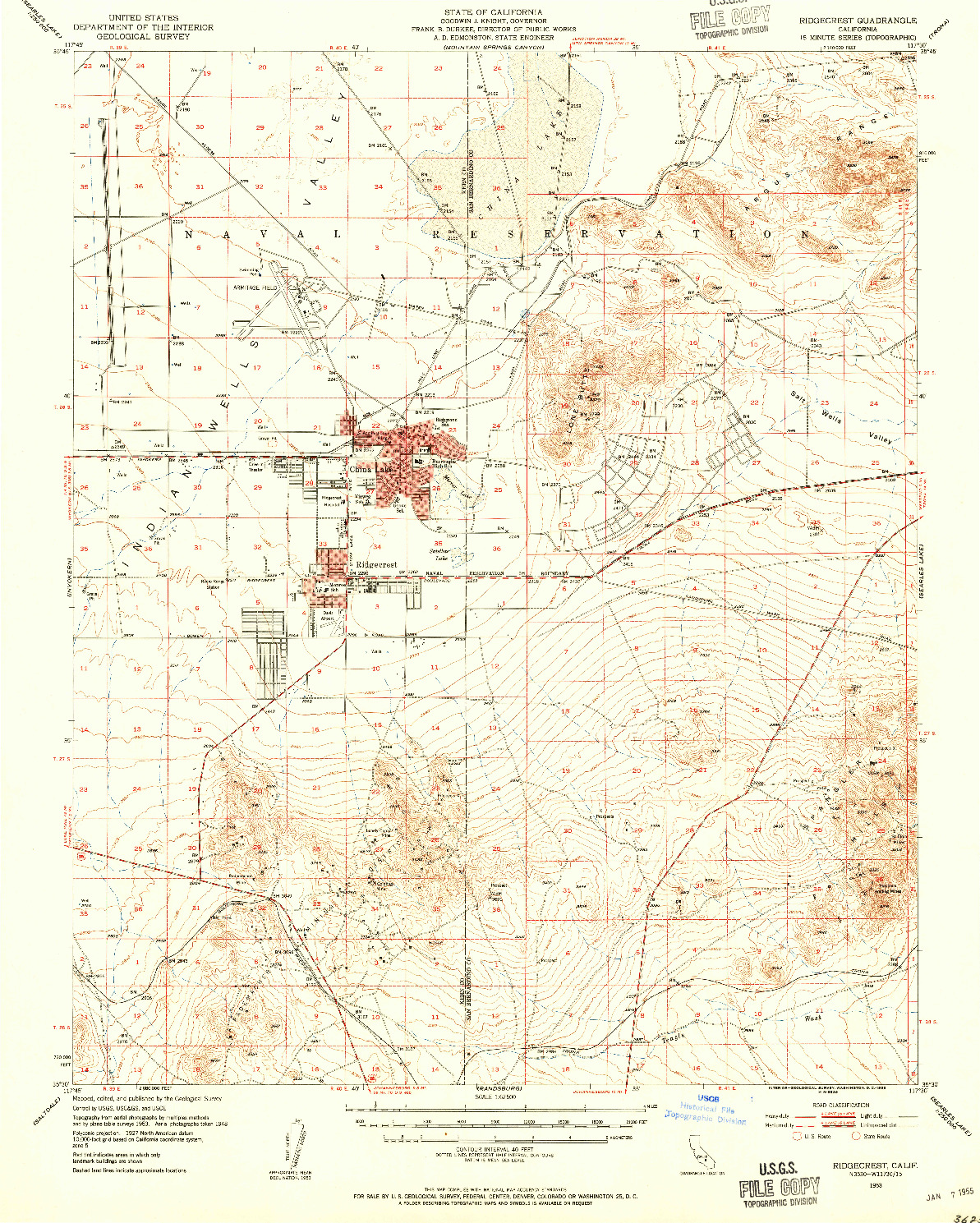 USGS 1:62500-SCALE QUADRANGLE FOR RIDGECREST, CA 1953