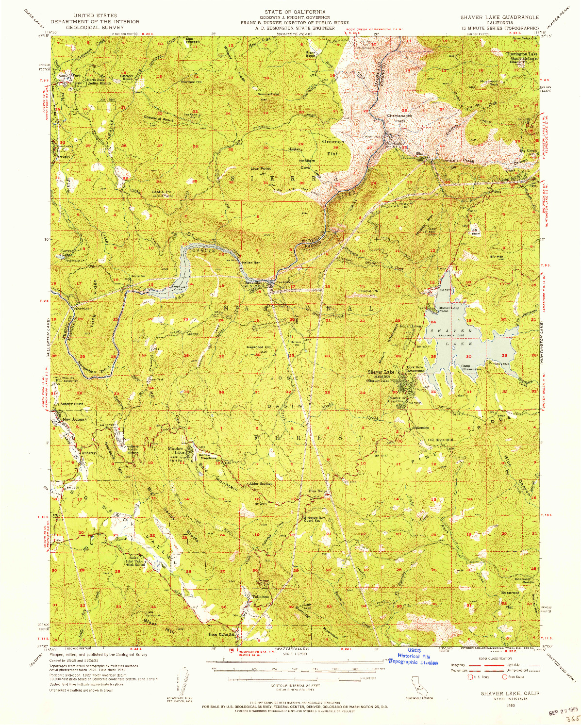 USGS 1:62500-SCALE QUADRANGLE FOR SHAVER LAKE, CA 1953