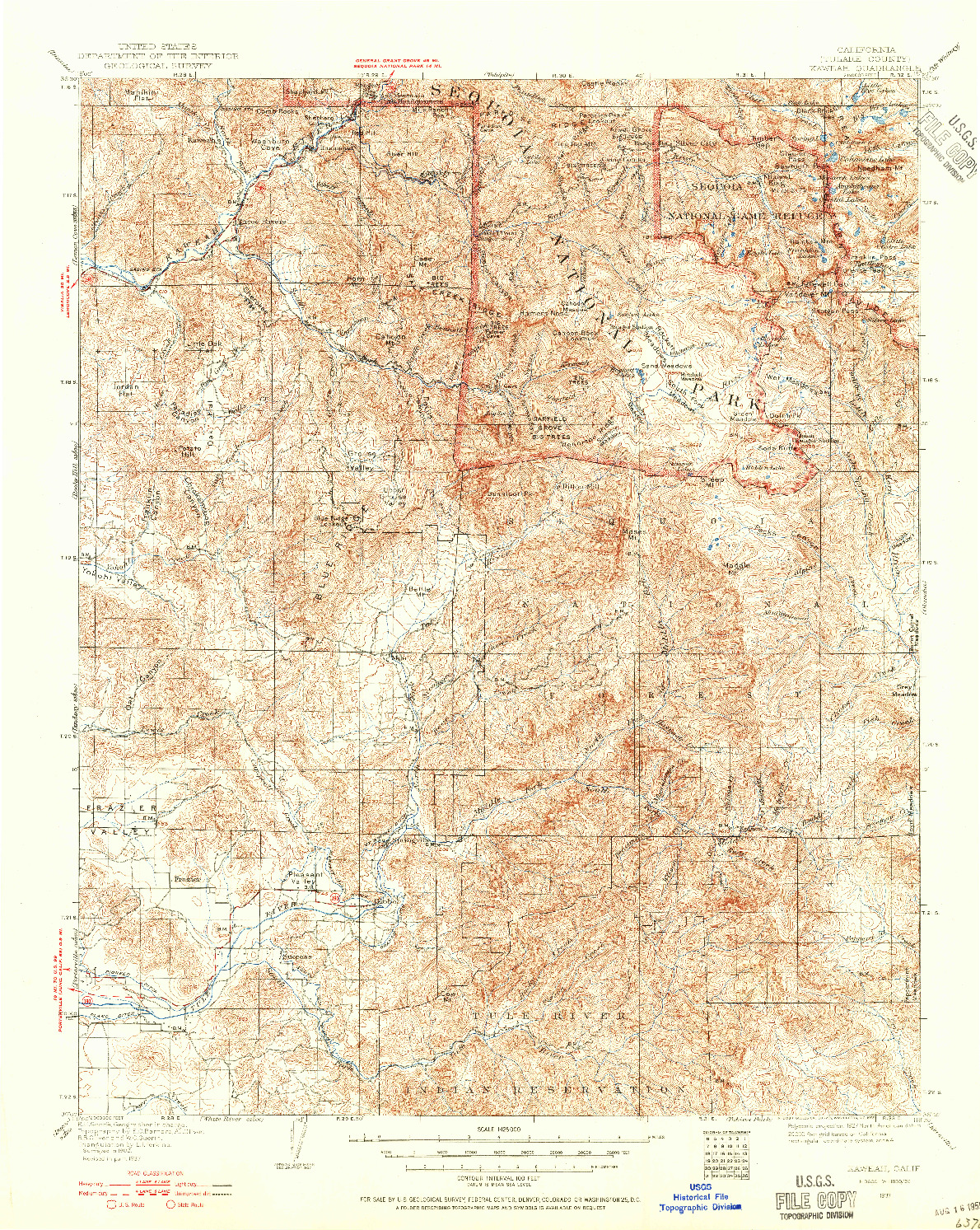 USGS 1:125000-SCALE QUADRANGLE FOR KAWEAH, CA 1937