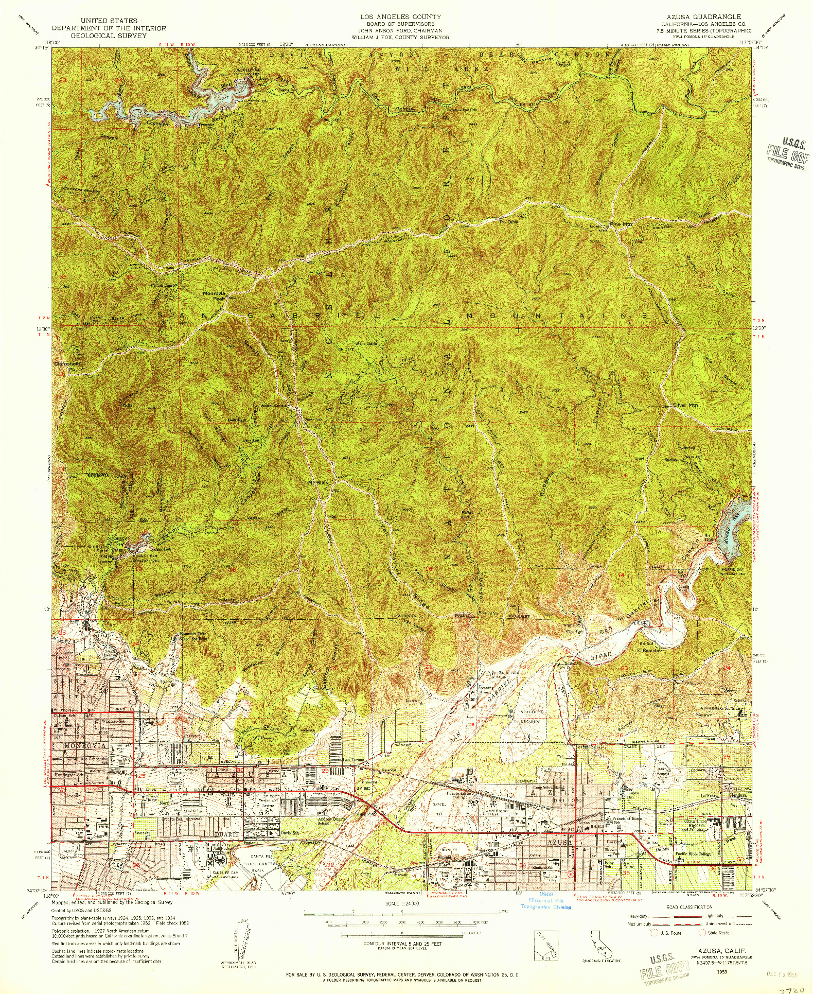 USGS 1:24000-SCALE QUADRANGLE FOR AZUSA, CA 1953