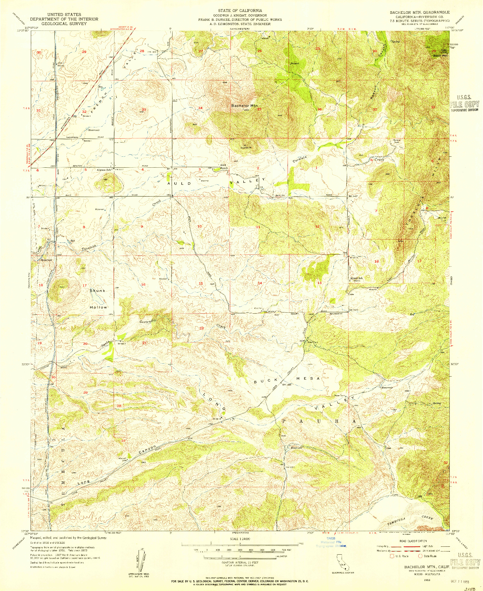 USGS 1:24000-SCALE QUADRANGLE FOR BACHELOR MTN., CA 1953