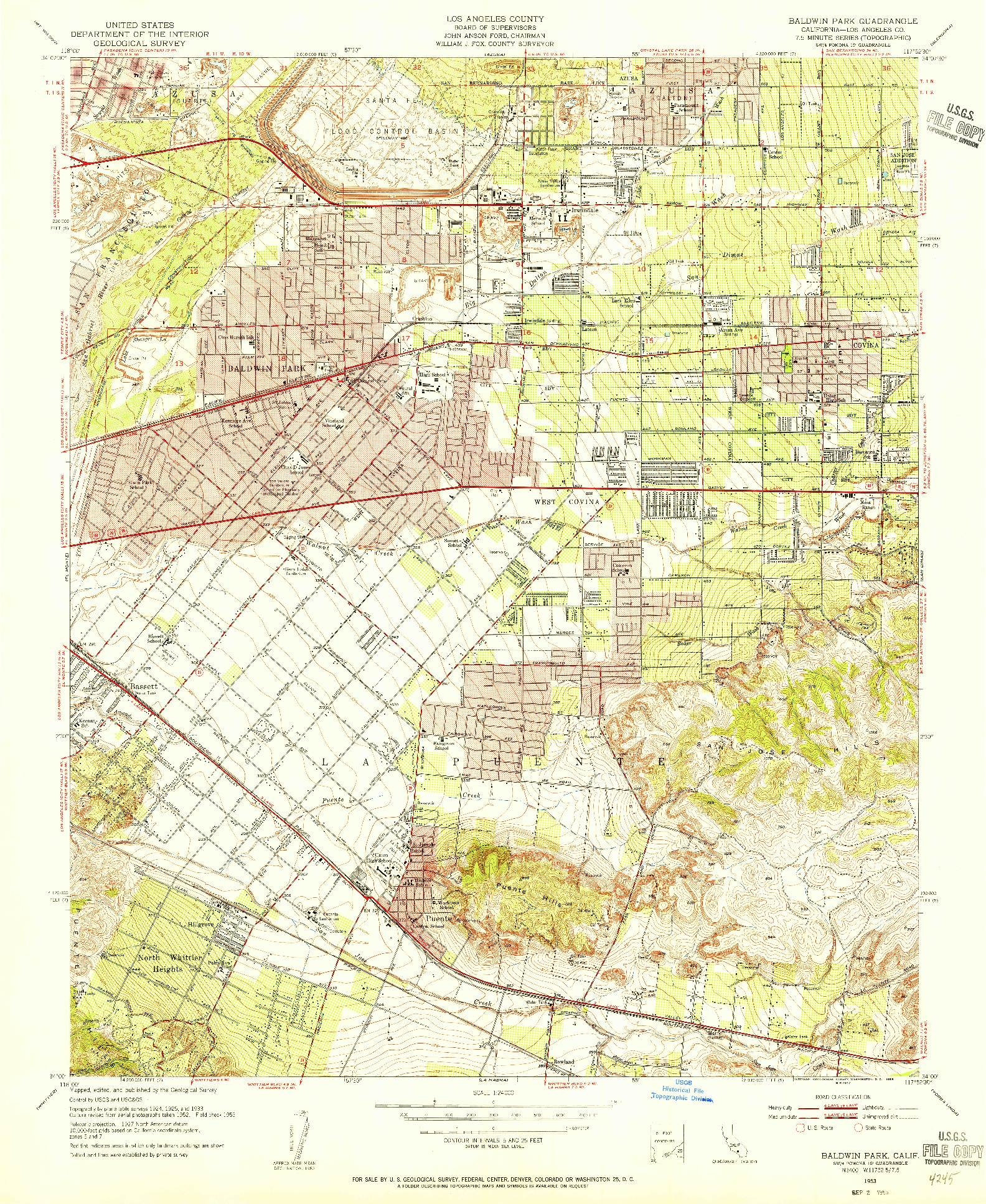 USGS 1:24000-SCALE QUADRANGLE FOR BALDWIN PARK, CA 1953