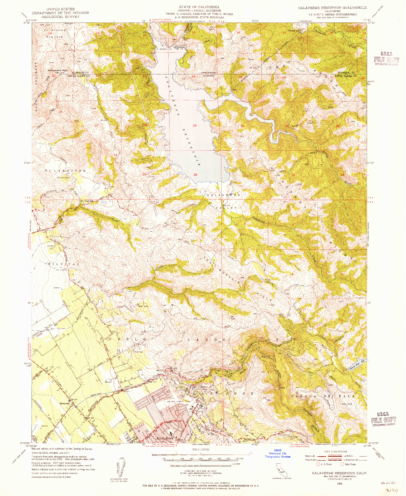 USGS 1:24000-SCALE QUADRANGLE FOR CALAVERAS RESERVOIR, CA 1953