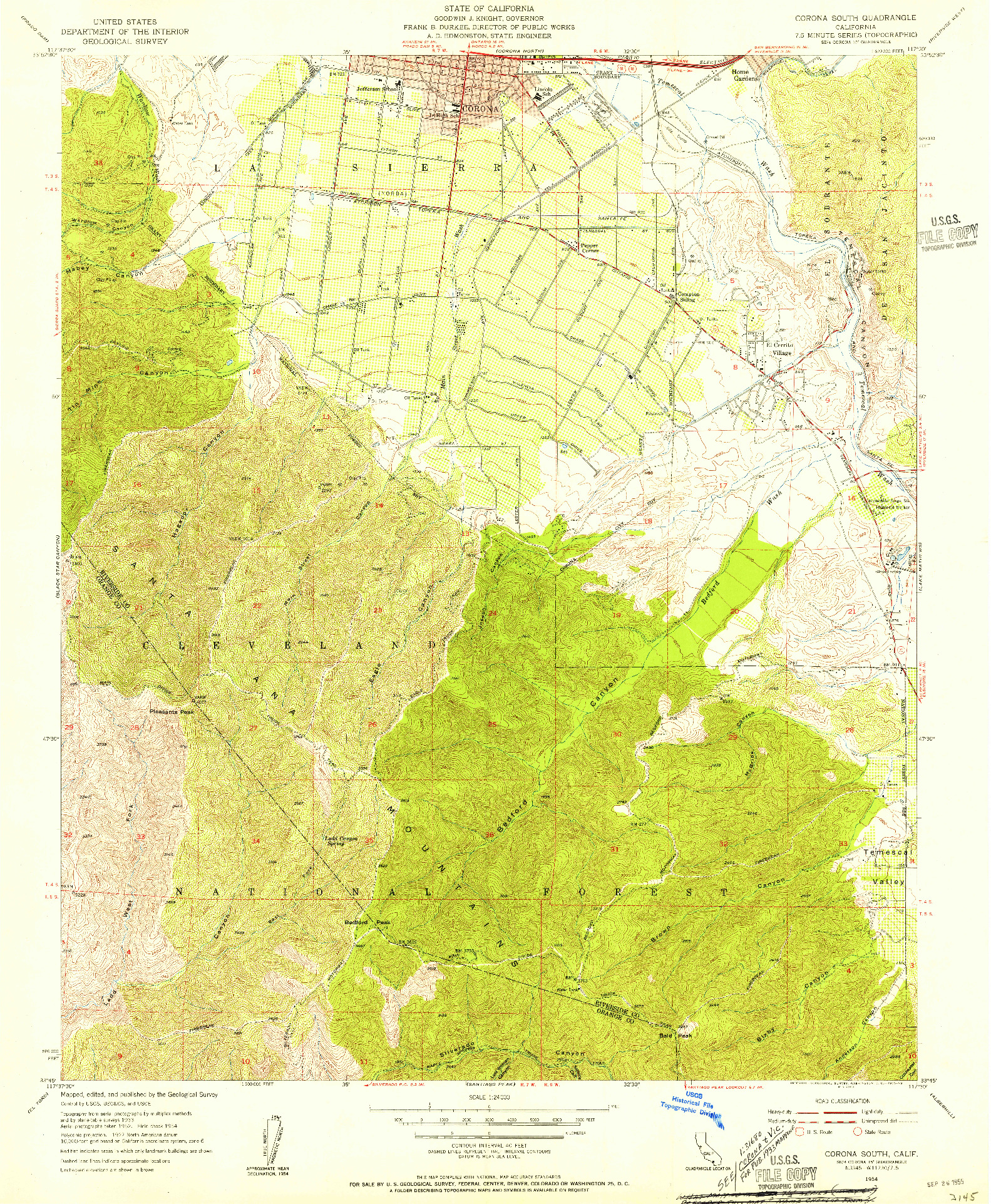 USGS 1:24000-SCALE QUADRANGLE FOR CORONA SOUTH, CA 1954