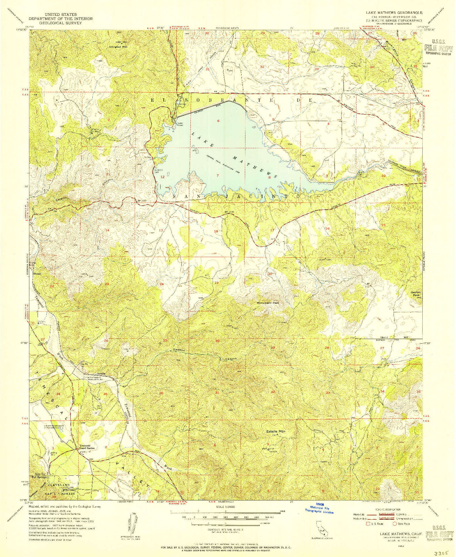 USGS 1:24000-SCALE QUADRANGLE FOR LAKE MATHEWS, CA 1953