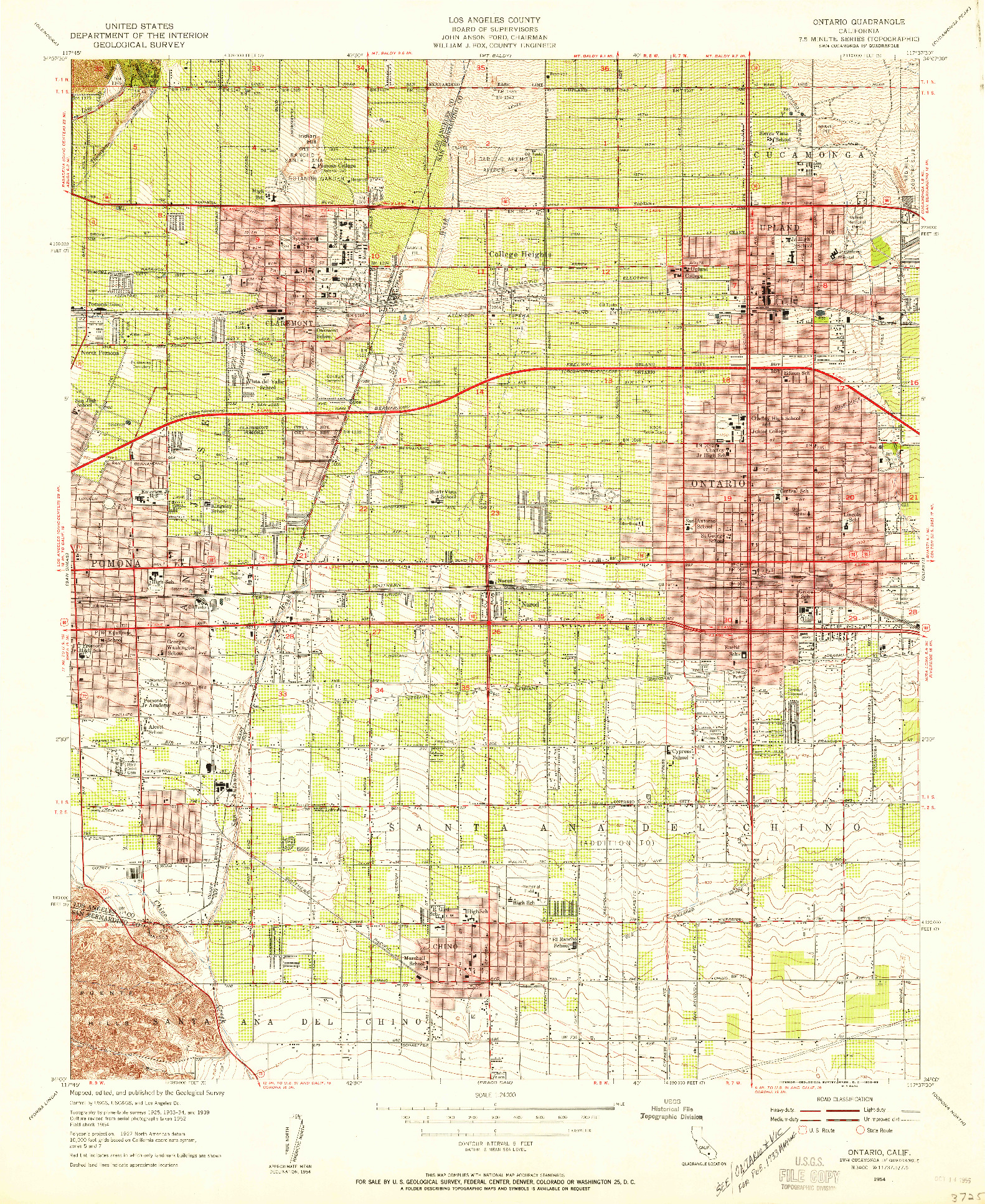USGS 1:24000-SCALE QUADRANGLE FOR ONTARIO, CA 1954
