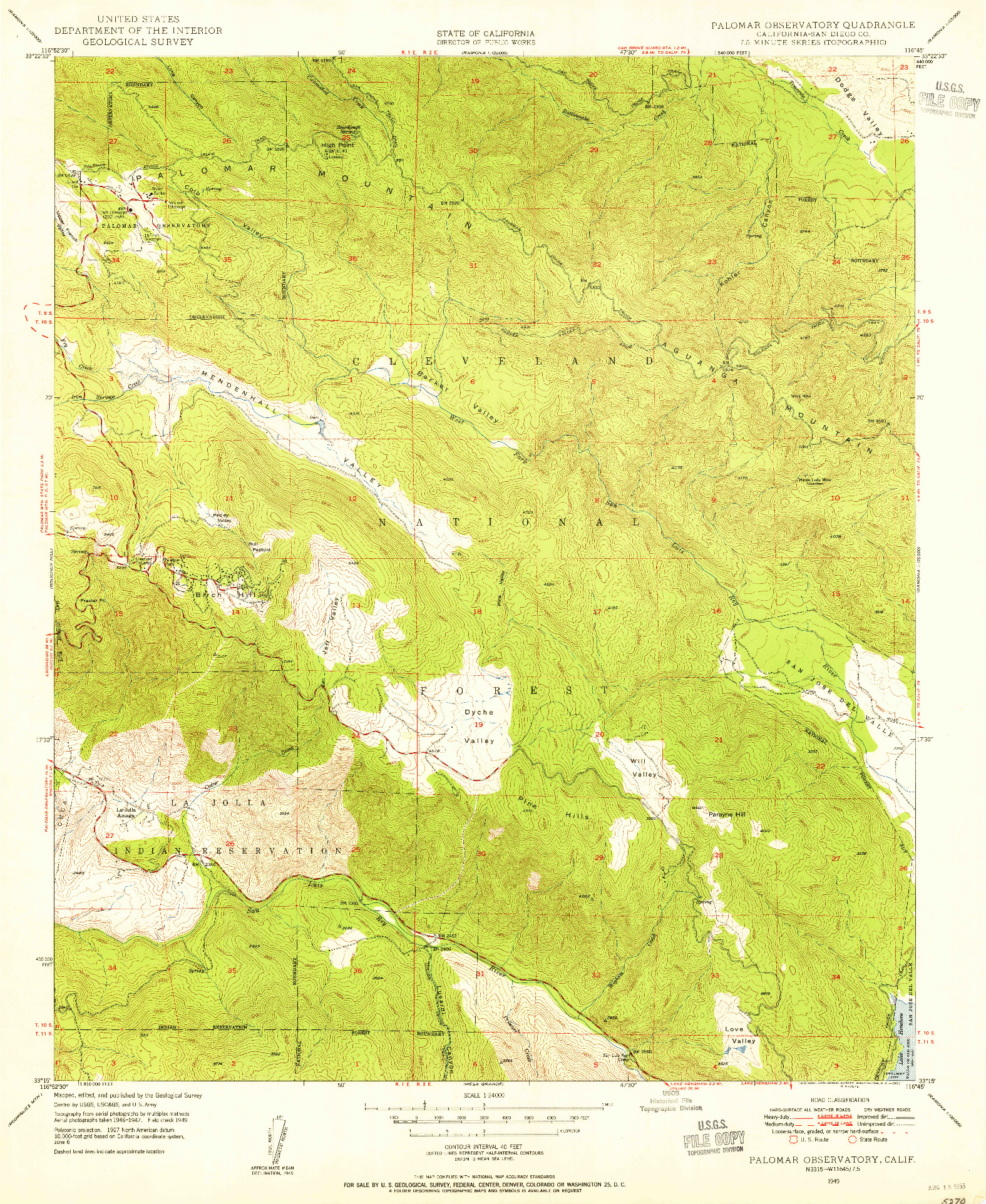 USGS 1:24000-SCALE QUADRANGLE FOR PALOMAR OBSERVATORY, CA 1949