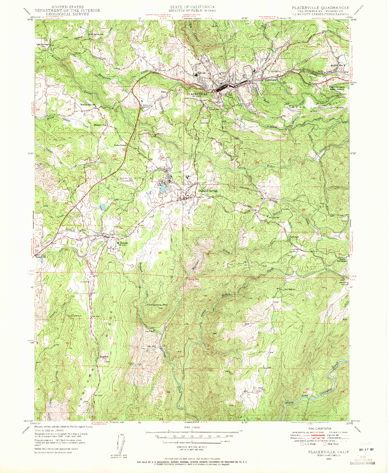 USGS 1:24000-SCALE QUADRANGLE FOR PLACERVILLE, CA 1949