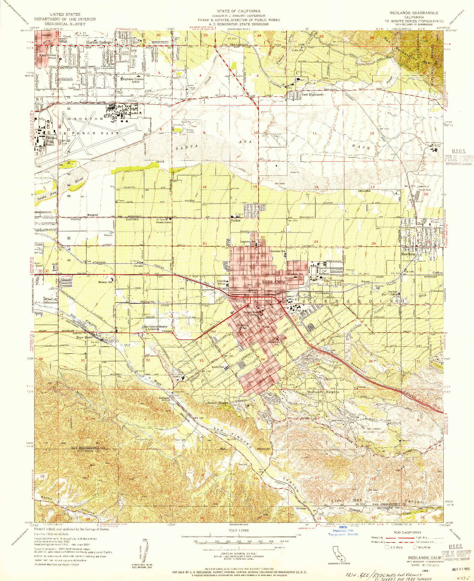 USGS 1:24000-SCALE QUADRANGLE FOR REDLANDS, CA 1954