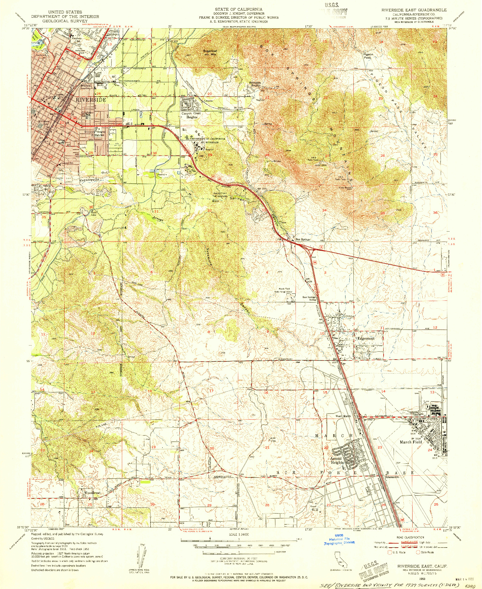 USGS 1:24000-SCALE QUADRANGLE FOR RIVERSIDE EAST, CA 1953