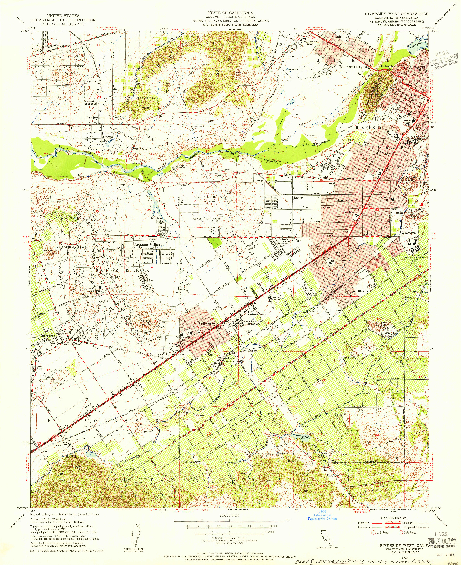 USGS 1:24000-SCALE QUADRANGLE FOR RIVERSIDE WEST, CA 1953