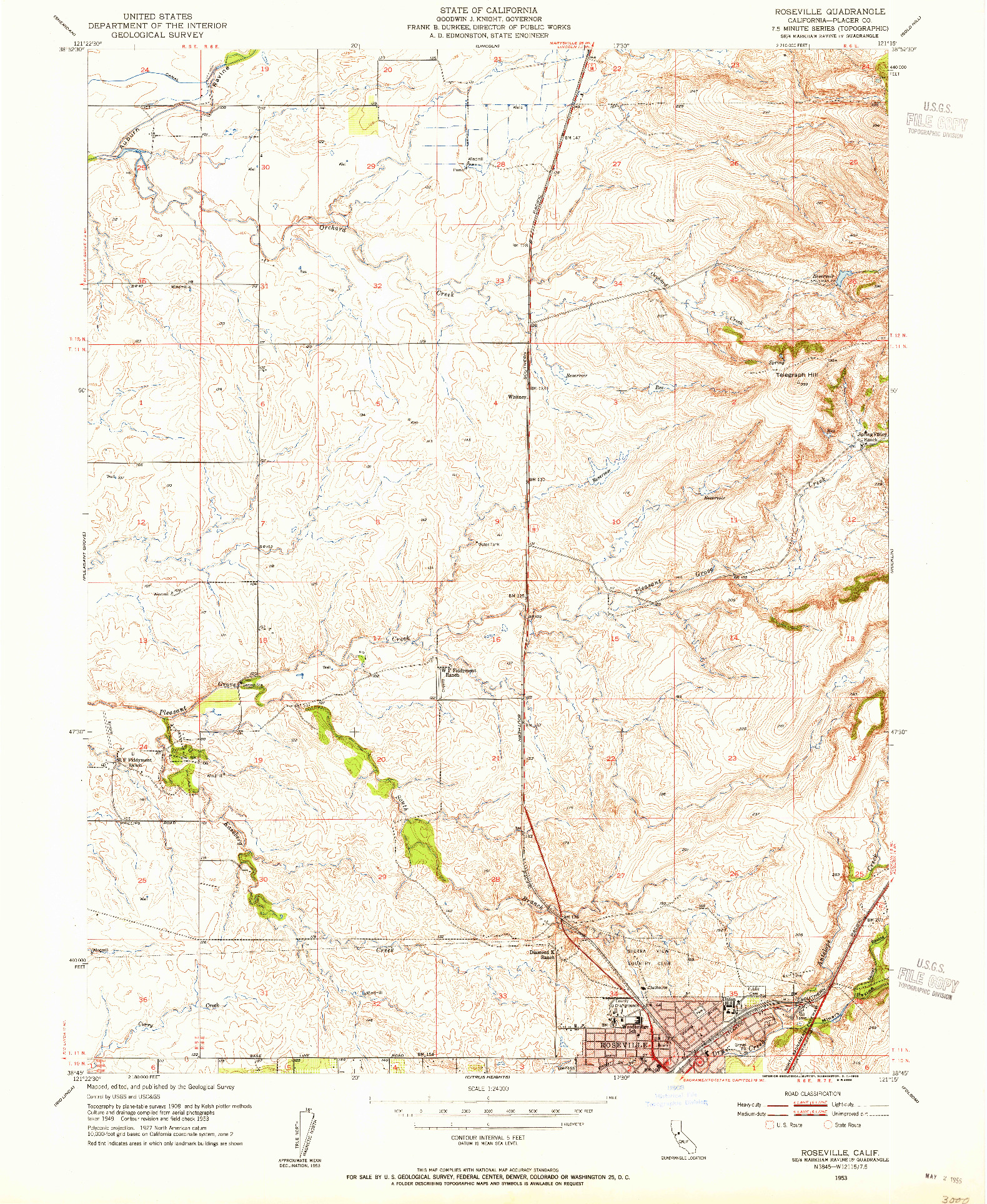 USGS 1:24000-SCALE QUADRANGLE FOR ROSEVILLE, CA 1953