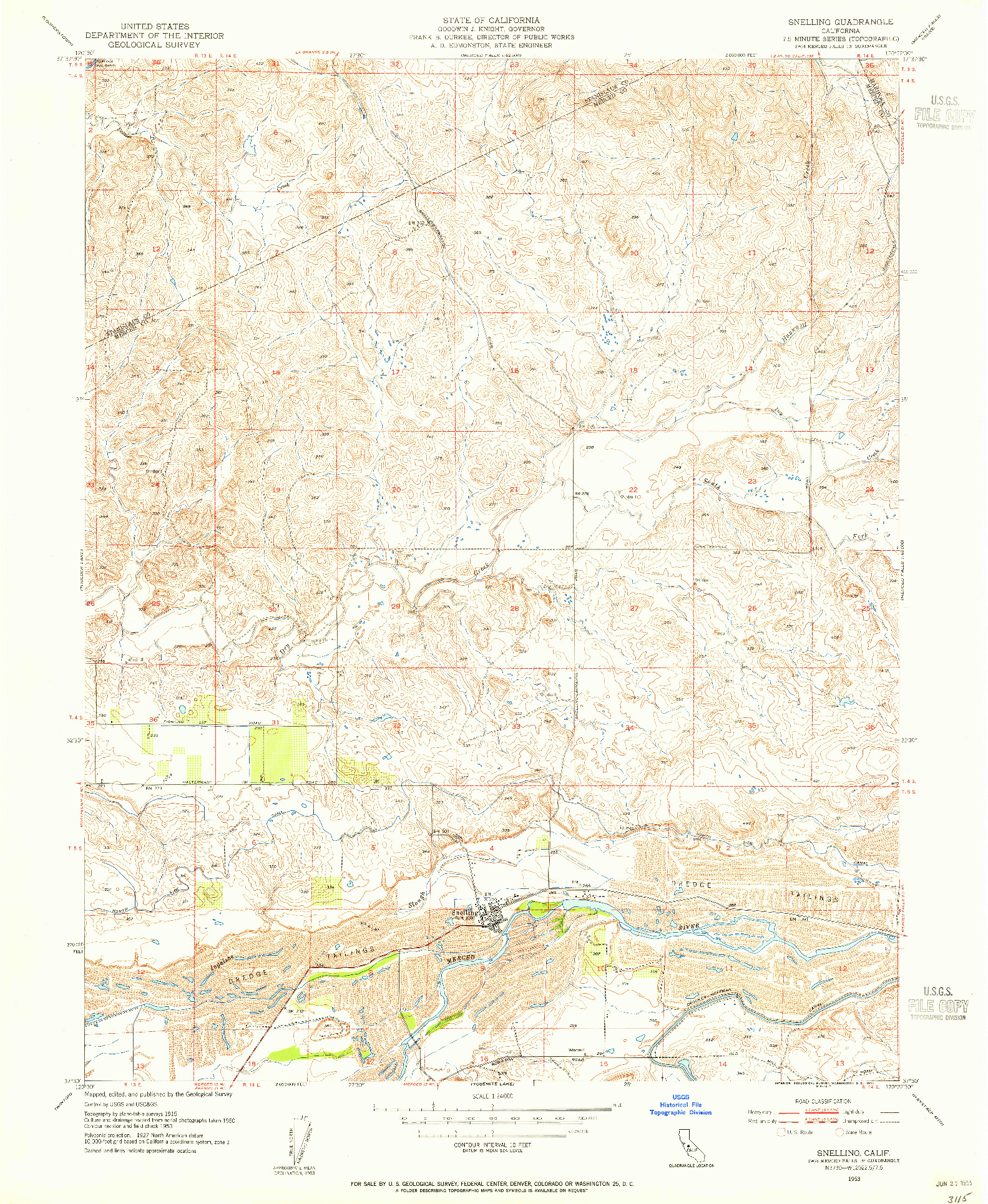 USGS 1:24000-SCALE QUADRANGLE FOR SNELLING, CA 1953
