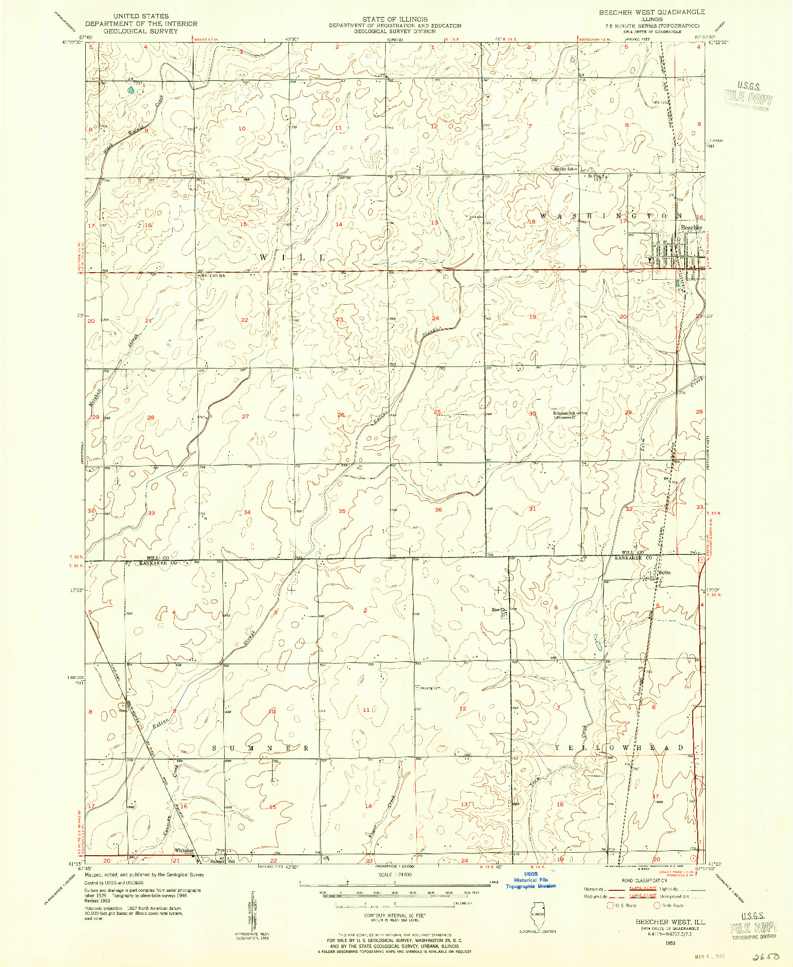 USGS 1:24000-SCALE QUADRANGLE FOR BEECHER WEST, IL 1953