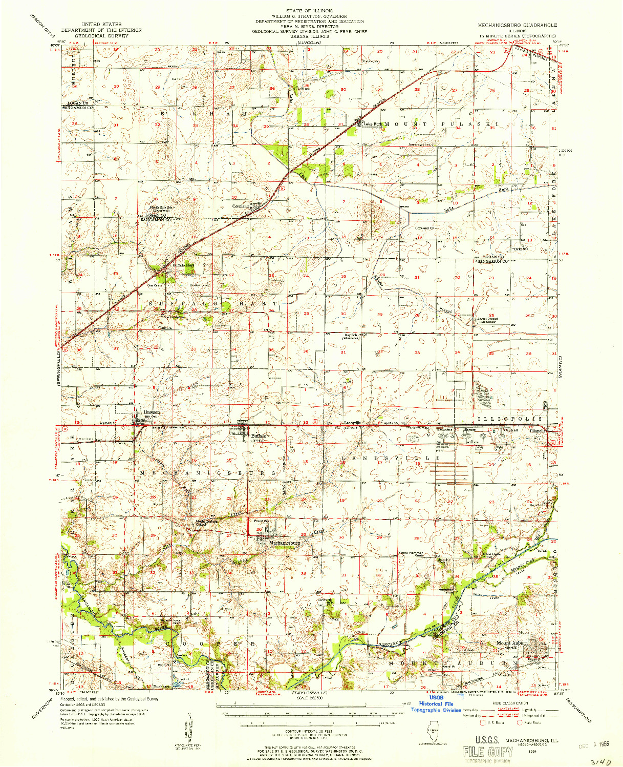 USGS 1:62500-SCALE QUADRANGLE FOR MECHANICSBURG, IL 1954