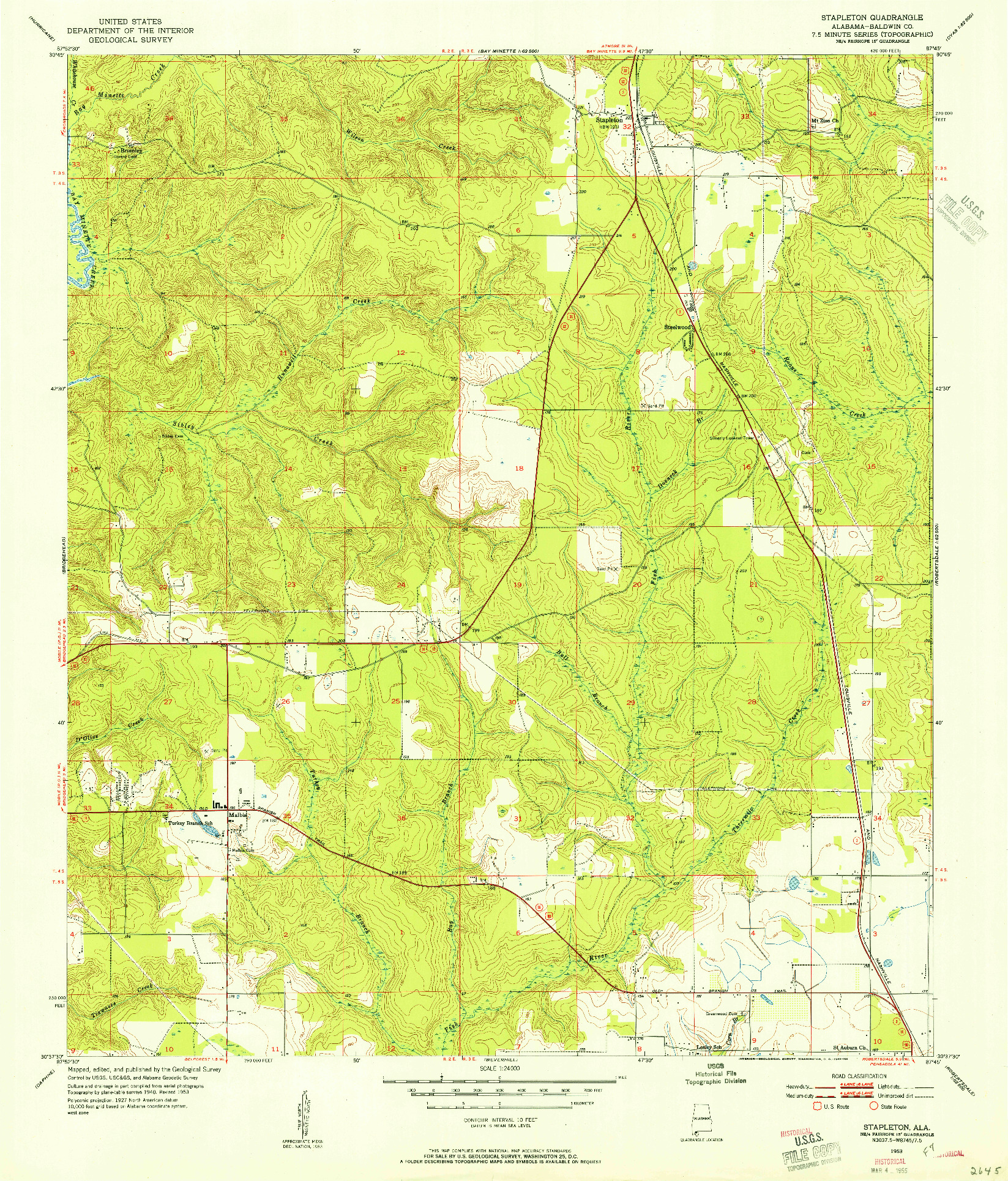 USGS 1:24000-SCALE QUADRANGLE FOR STAPLETON, AL 1953