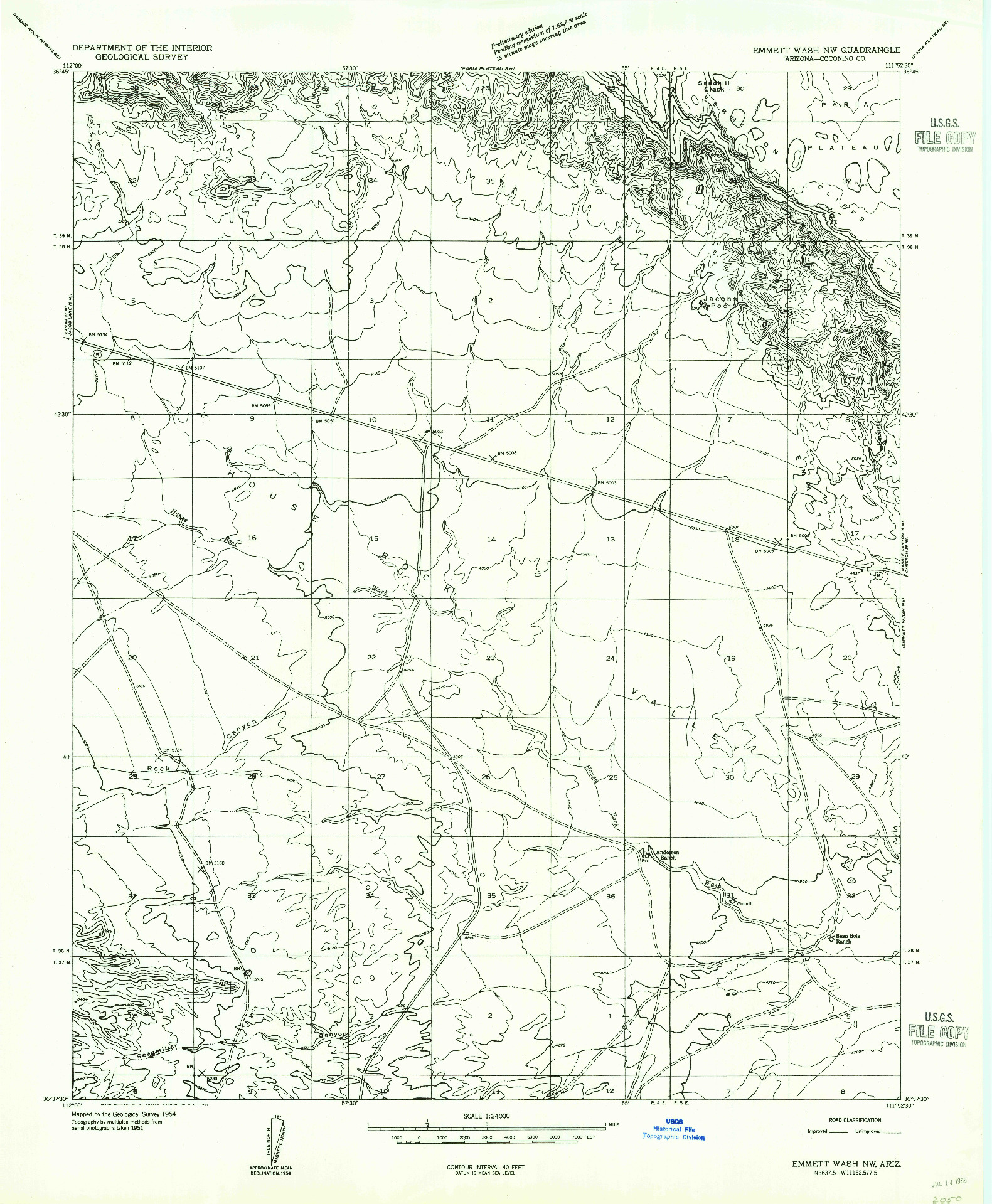 USGS 1:24000-SCALE QUADRANGLE FOR EMMETT WASH NW, AZ 1954