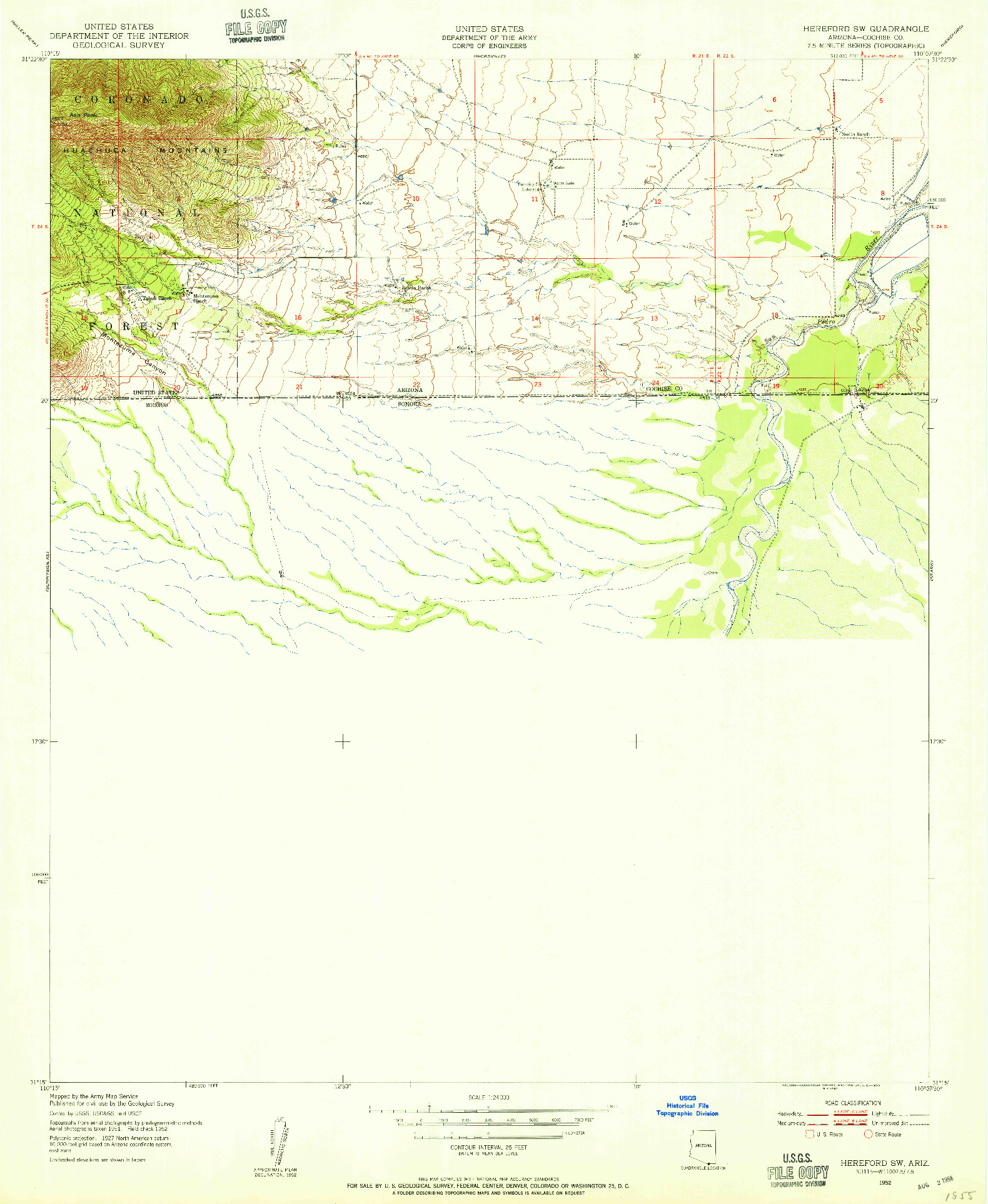 USGS 1:24000-SCALE QUADRANGLE FOR HEREFORD SW, AZ 1952