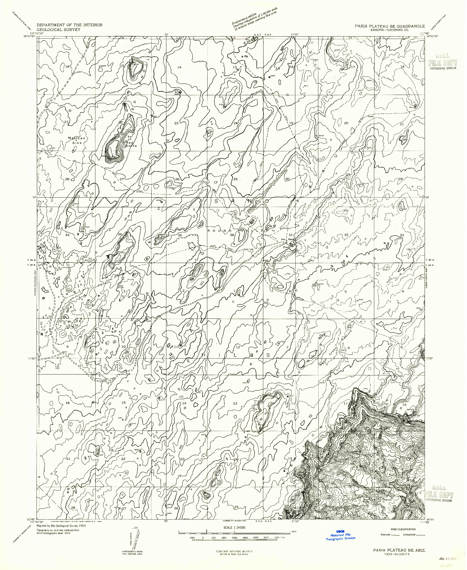 USGS 1:24000-SCALE QUADRANGLE FOR PARIA PLATEAU SE, AZ 1954
