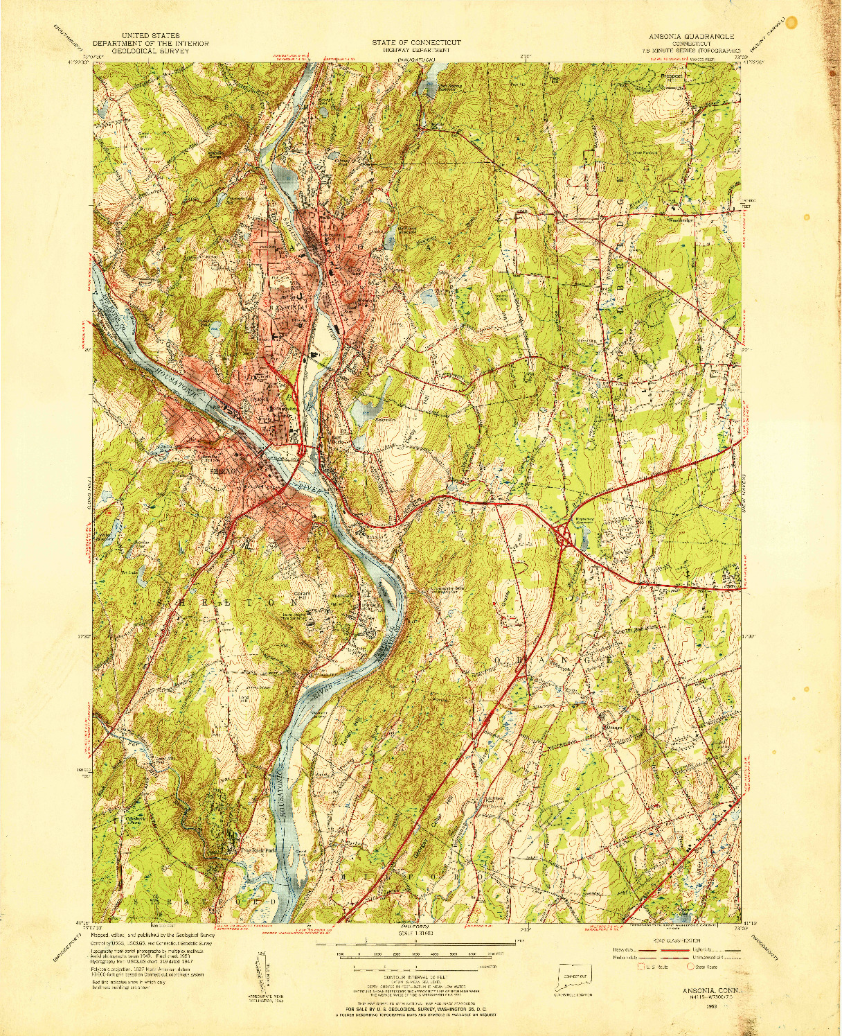 USGS 1:31680-SCALE QUADRANGLE FOR ANSONIA, CT 1953