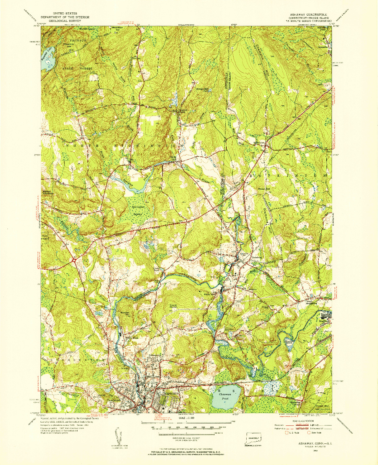 USGS 1:31680-SCALE QUADRANGLE FOR ASHAWAY, CT 1953