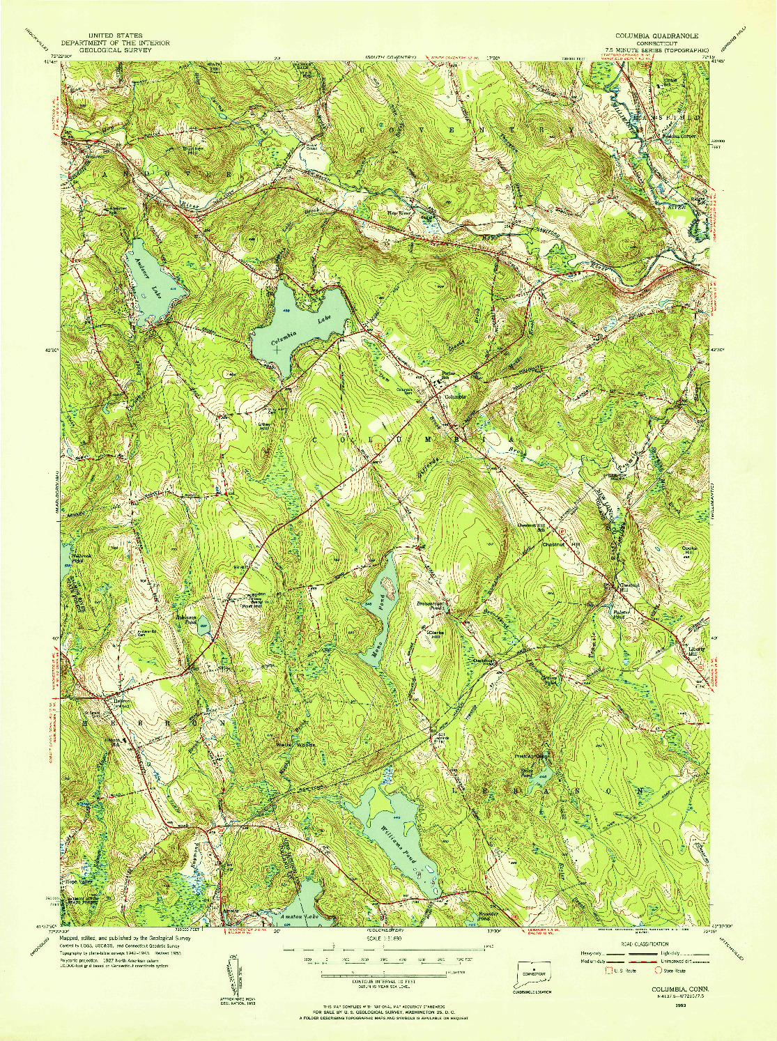 USGS 1:31680-SCALE QUADRANGLE FOR COLUMBIA, CT 1953