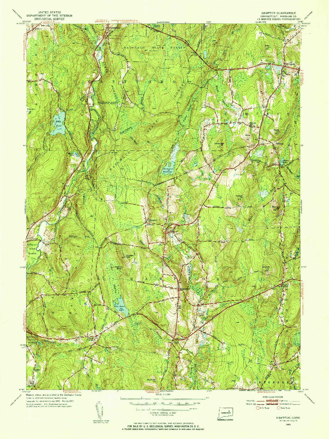 USGS 1:31680-SCALE QUADRANGLE FOR HAMPTON, CT 1953