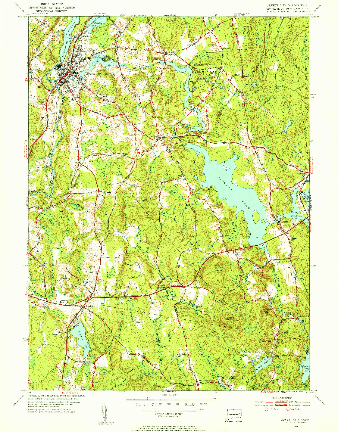 USGS 1:31680-SCALE QUADRANGLE FOR JEWETT CITY, CT 1953