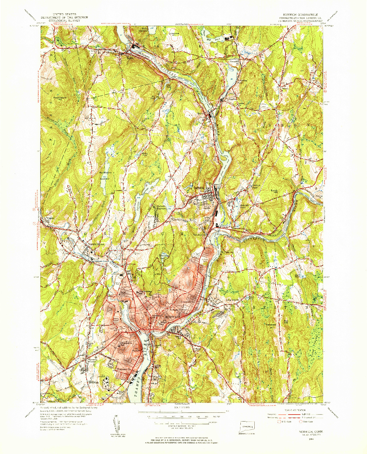 USGS 1:31680-SCALE QUADRANGLE FOR NORWICH, CT 1954