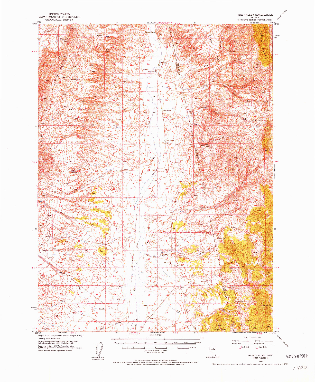 USGS 1:62500-SCALE QUADRANGLE FOR PINE VALLEY, NV 1952