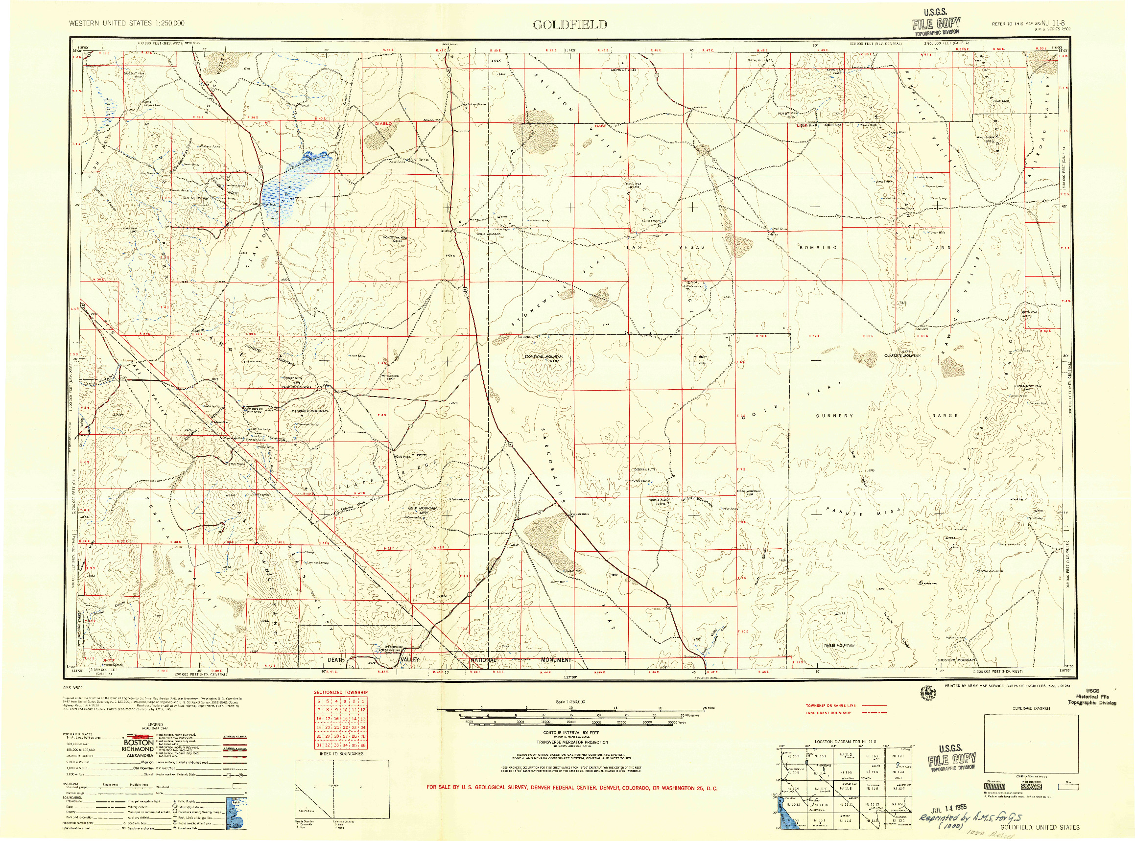 USGS 1:250000-SCALE QUADRANGLE FOR GOLDFIELD, NV 1955
