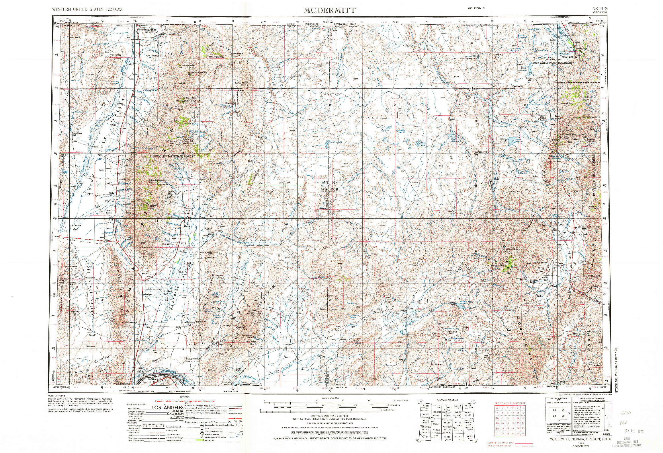 USGS 1:250000-SCALE QUADRANGLE FOR MCDERMITT, NV 1955