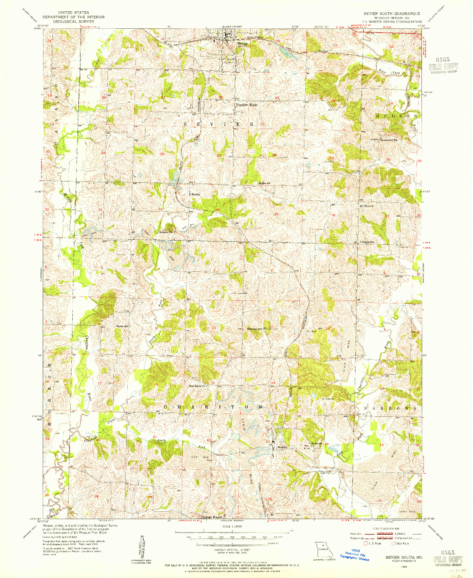USGS 1:24000-SCALE QUADRANGLE FOR BEVIER SOUTH, MO 1953