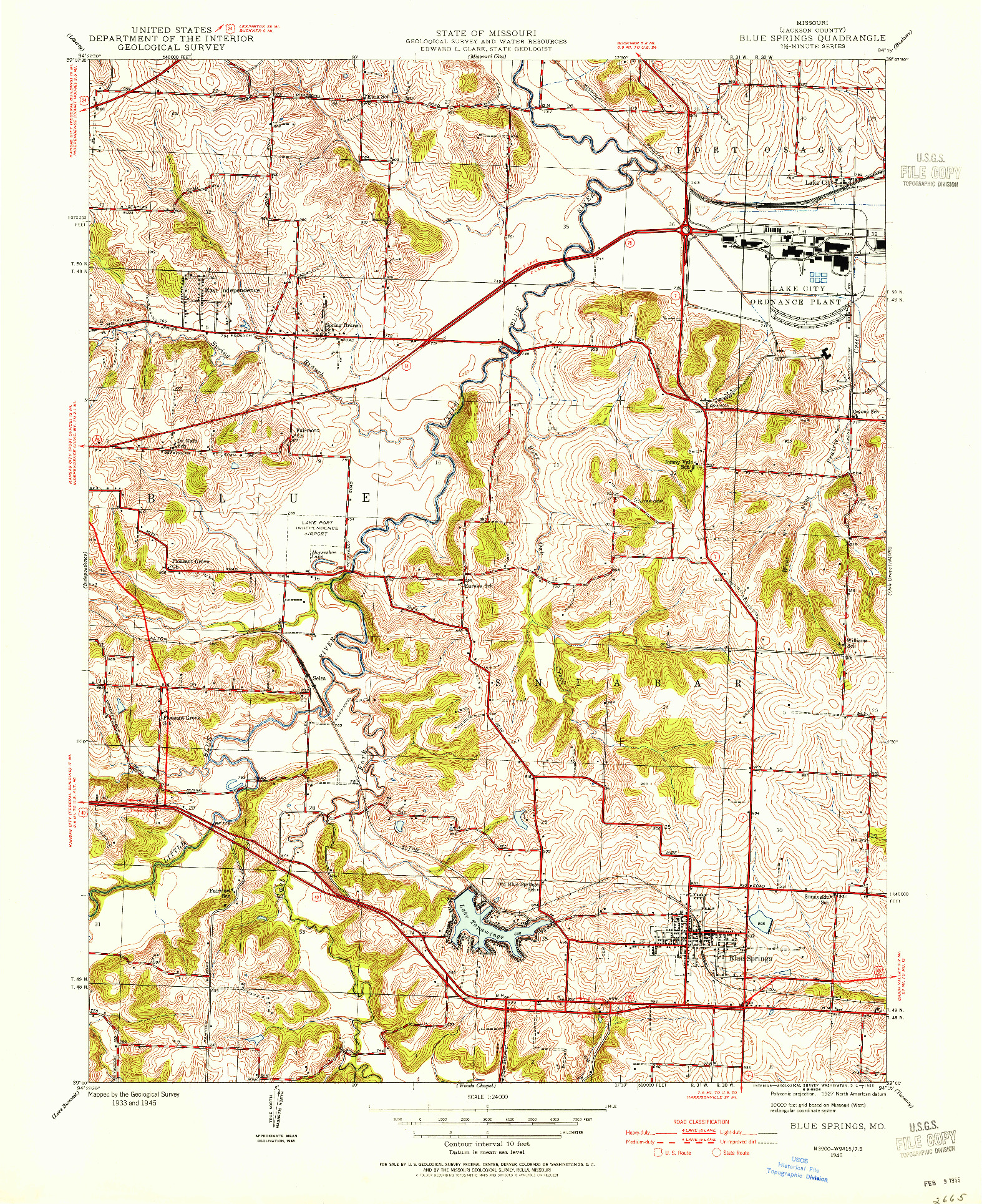 USGS 1:24000-SCALE QUADRANGLE FOR BLUE SPRINGS, MO 1945