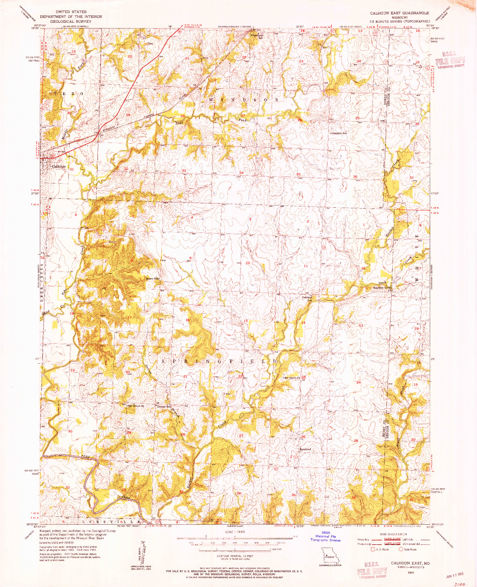 USGS 1:24000-SCALE QUADRANGLE FOR CALHOUN EAST, MO 1953