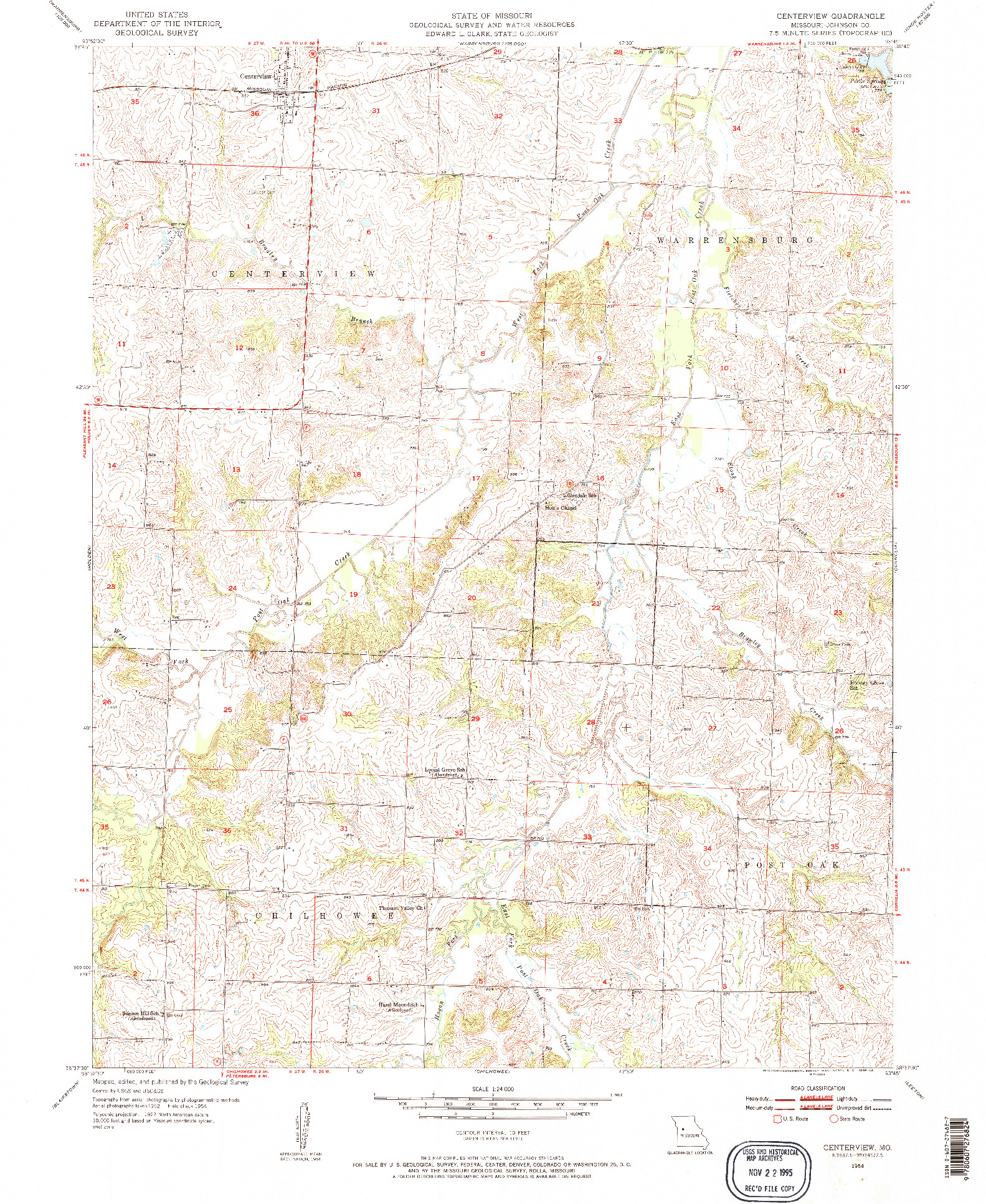 USGS 1:24000-SCALE QUADRANGLE FOR CENTERVIEW, MO 1954
