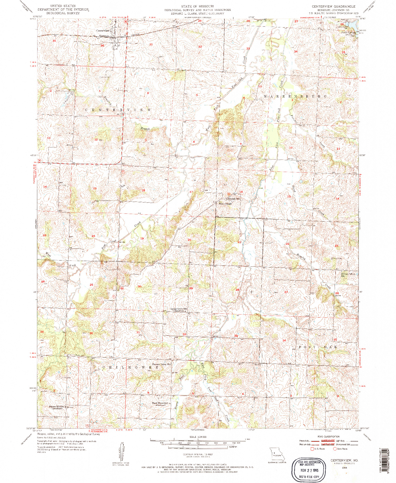 USGS 1:24000-SCALE QUADRANGLE FOR CENTERVIEW, MO 1954