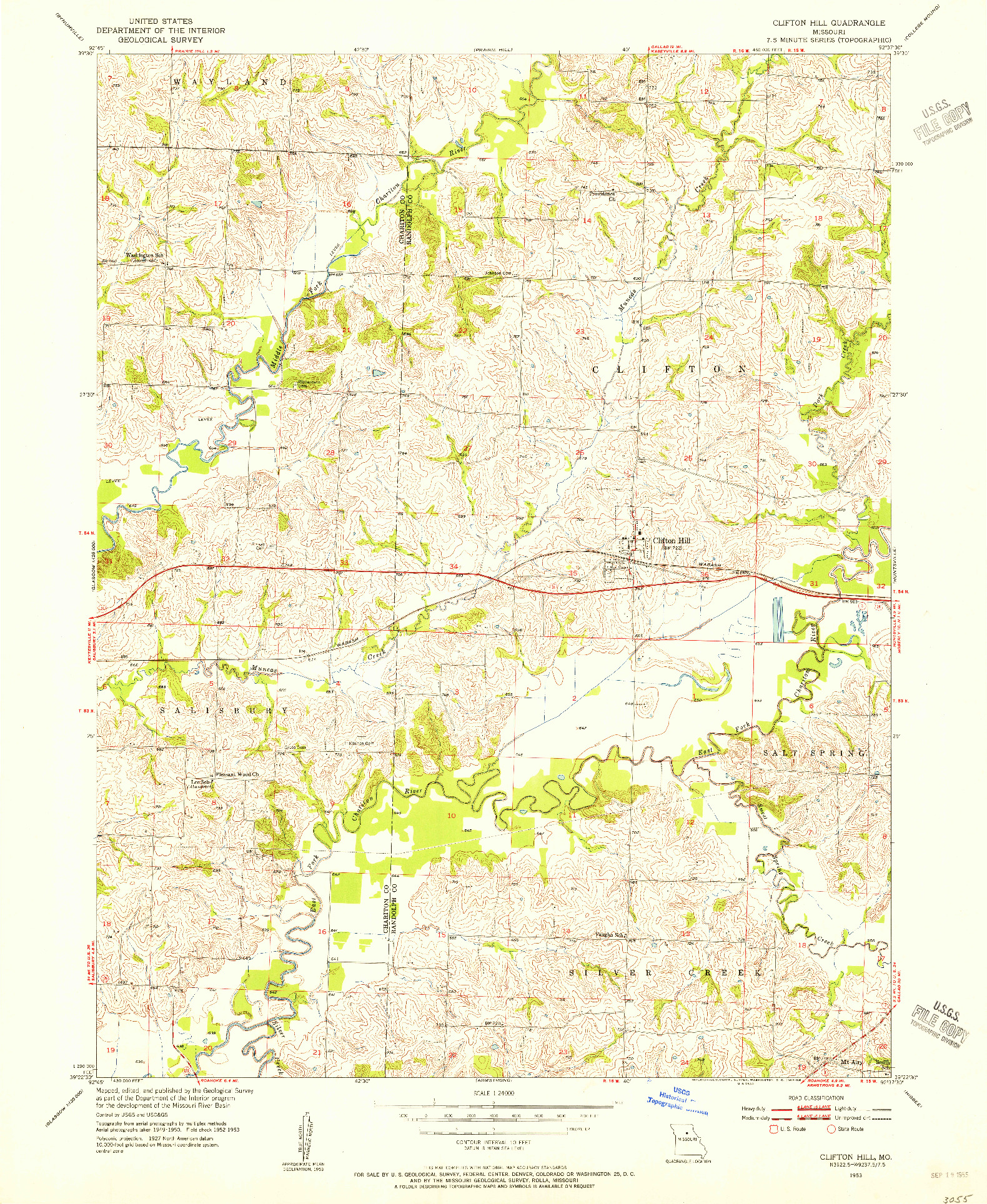 USGS 1:24000-SCALE QUADRANGLE FOR CLIFTON HILL, MO 1953