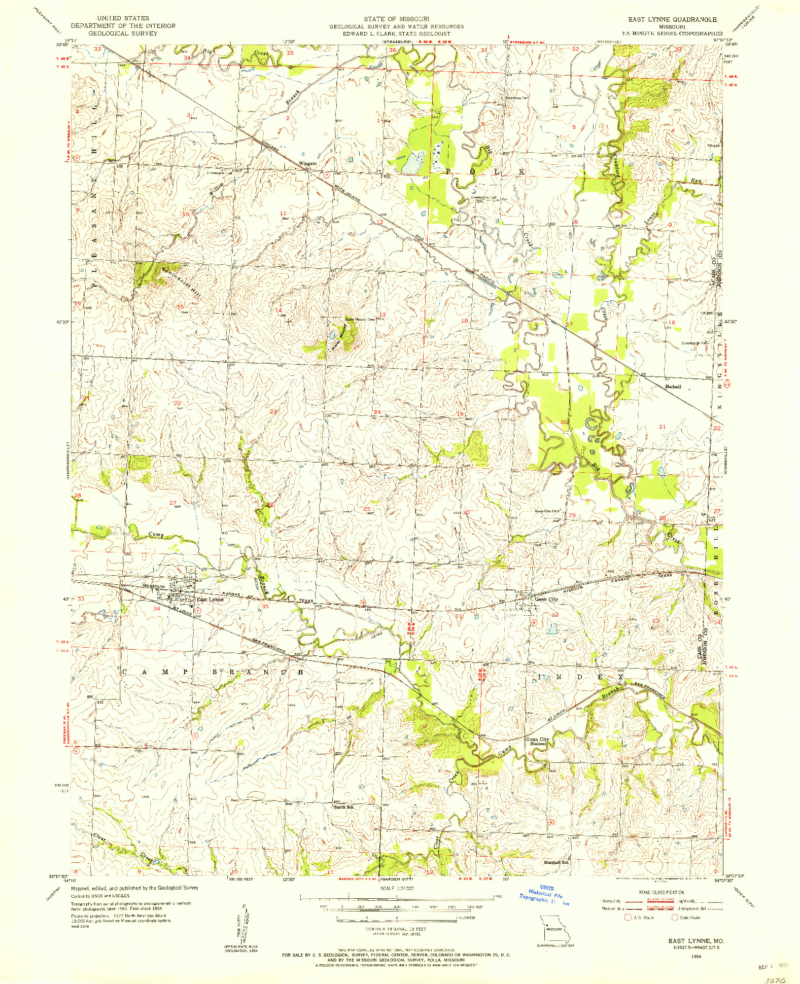 USGS 1:24000-SCALE QUADRANGLE FOR EAST LYNNE, MO 1954