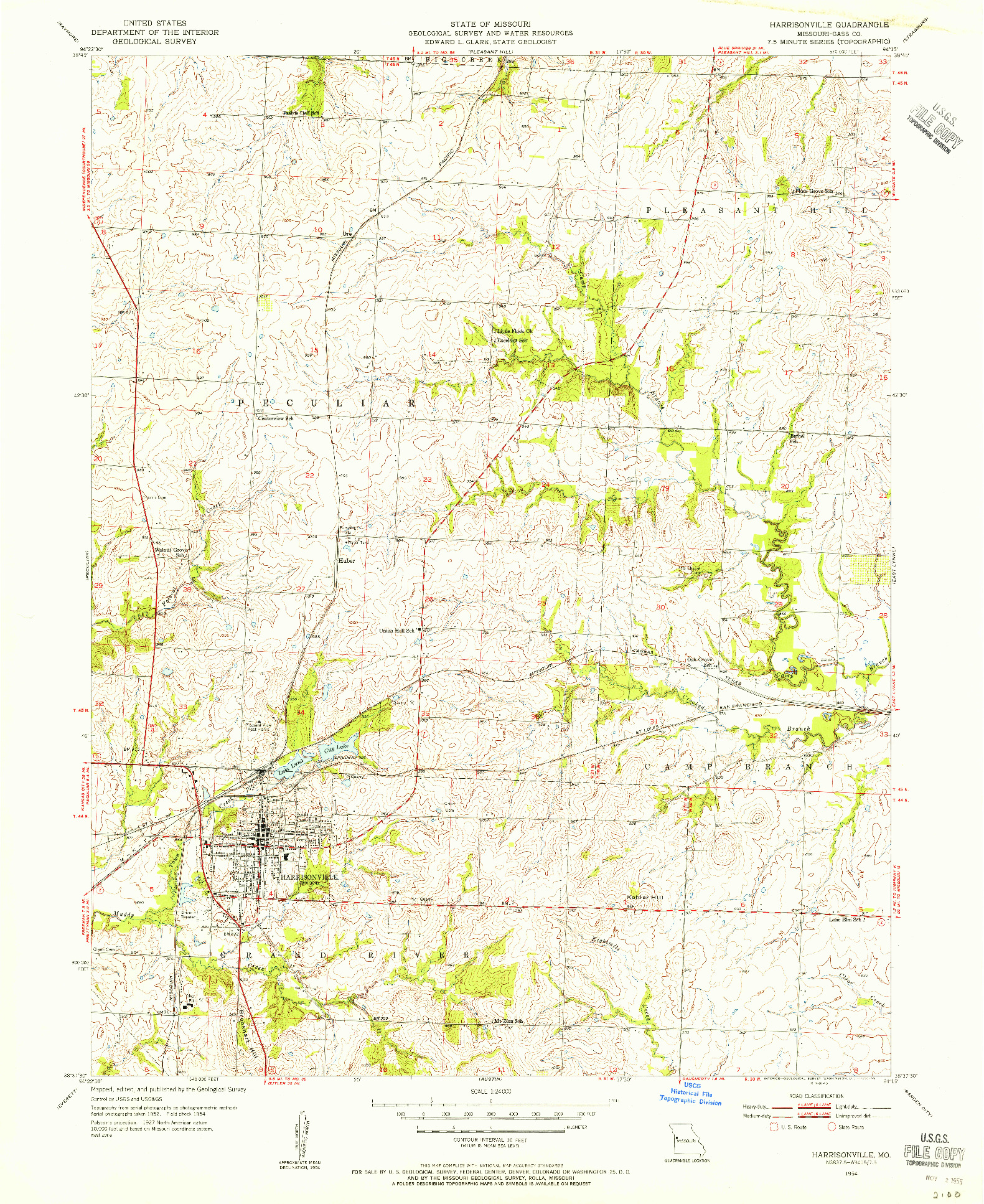 USGS 1:24000-SCALE QUADRANGLE FOR HARRISONVILLE, MO 1954