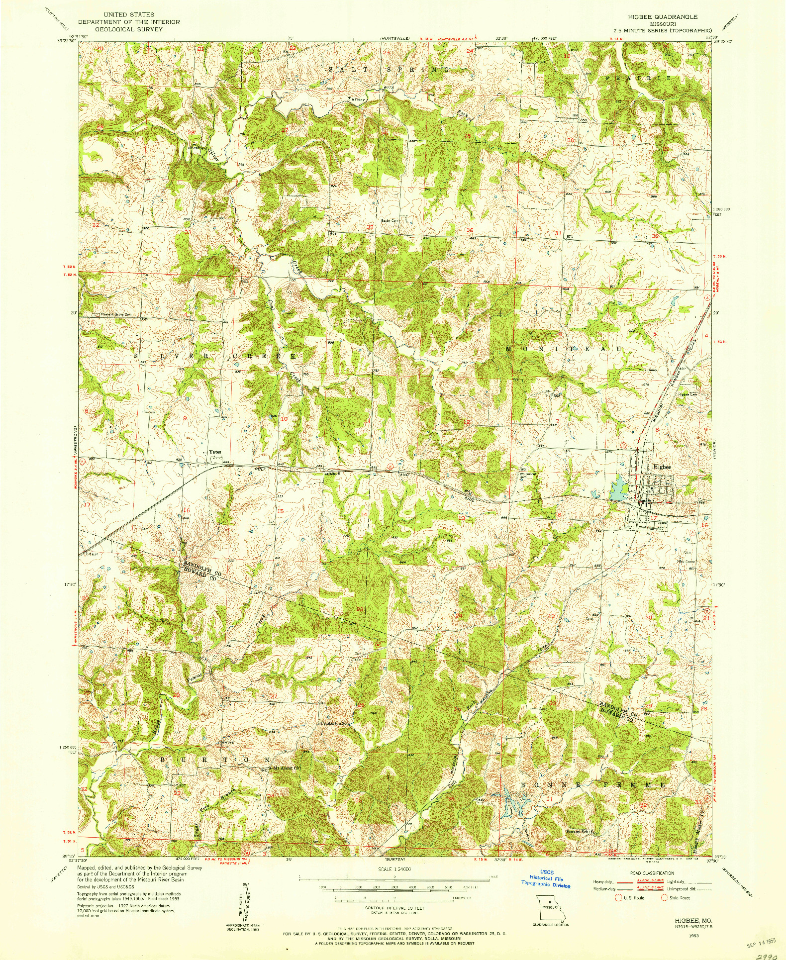 USGS 1:24000-SCALE QUADRANGLE FOR HIGBEE, MO 1953