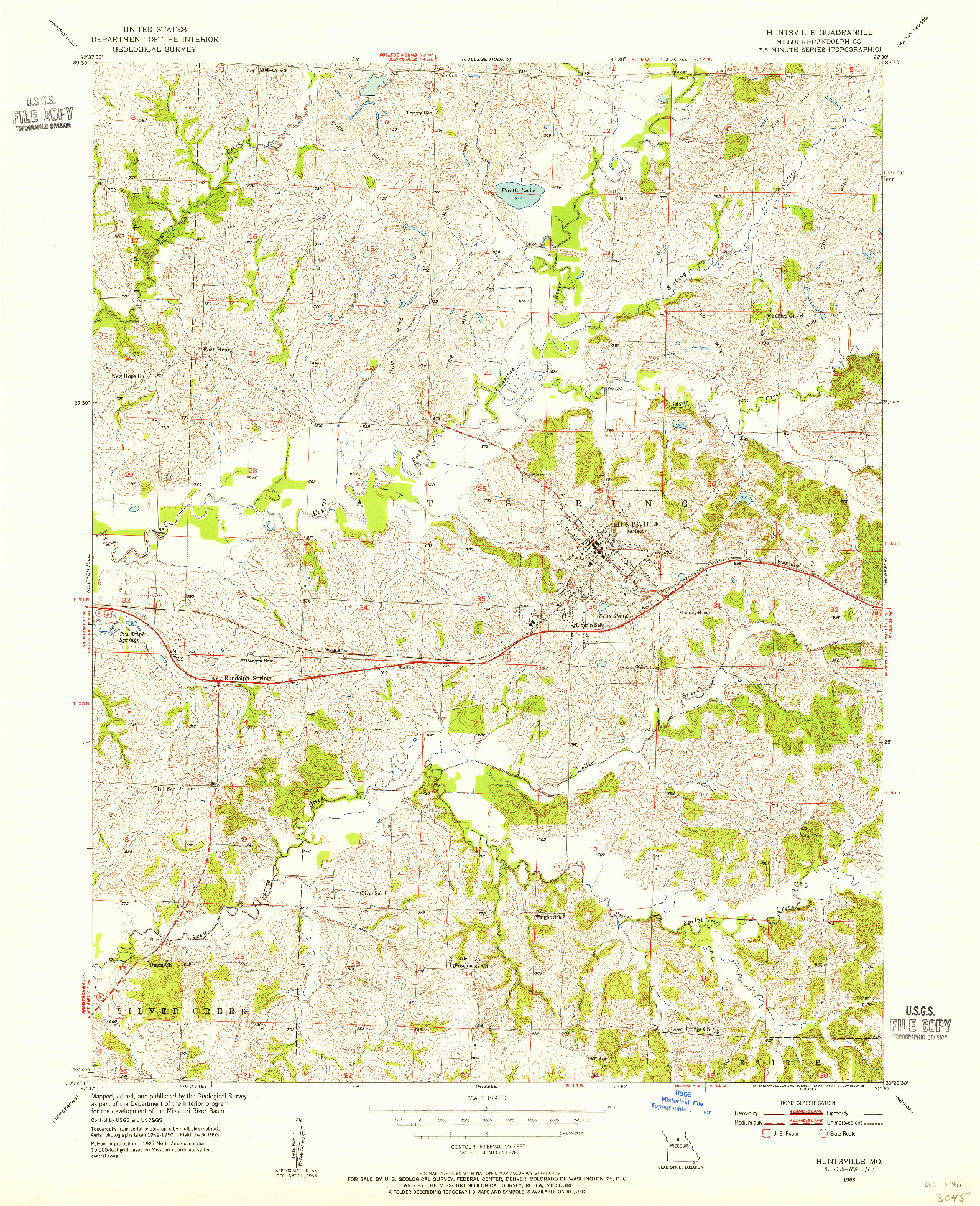 USGS 1:24000-SCALE QUADRANGLE FOR HUNTSVILLE, MO 1953