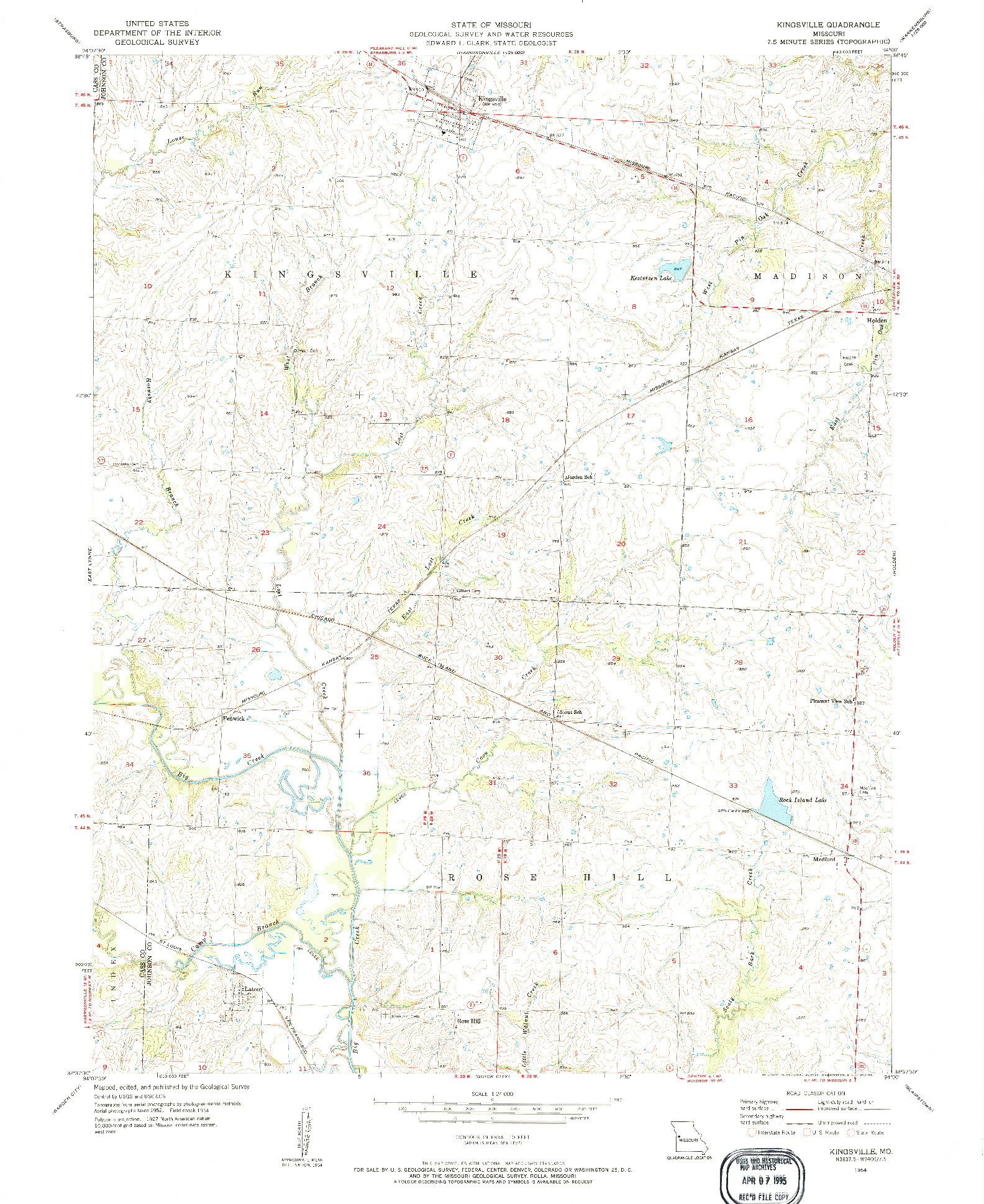 USGS 1:24000-SCALE QUADRANGLE FOR KINGSVILLE, MO 1954