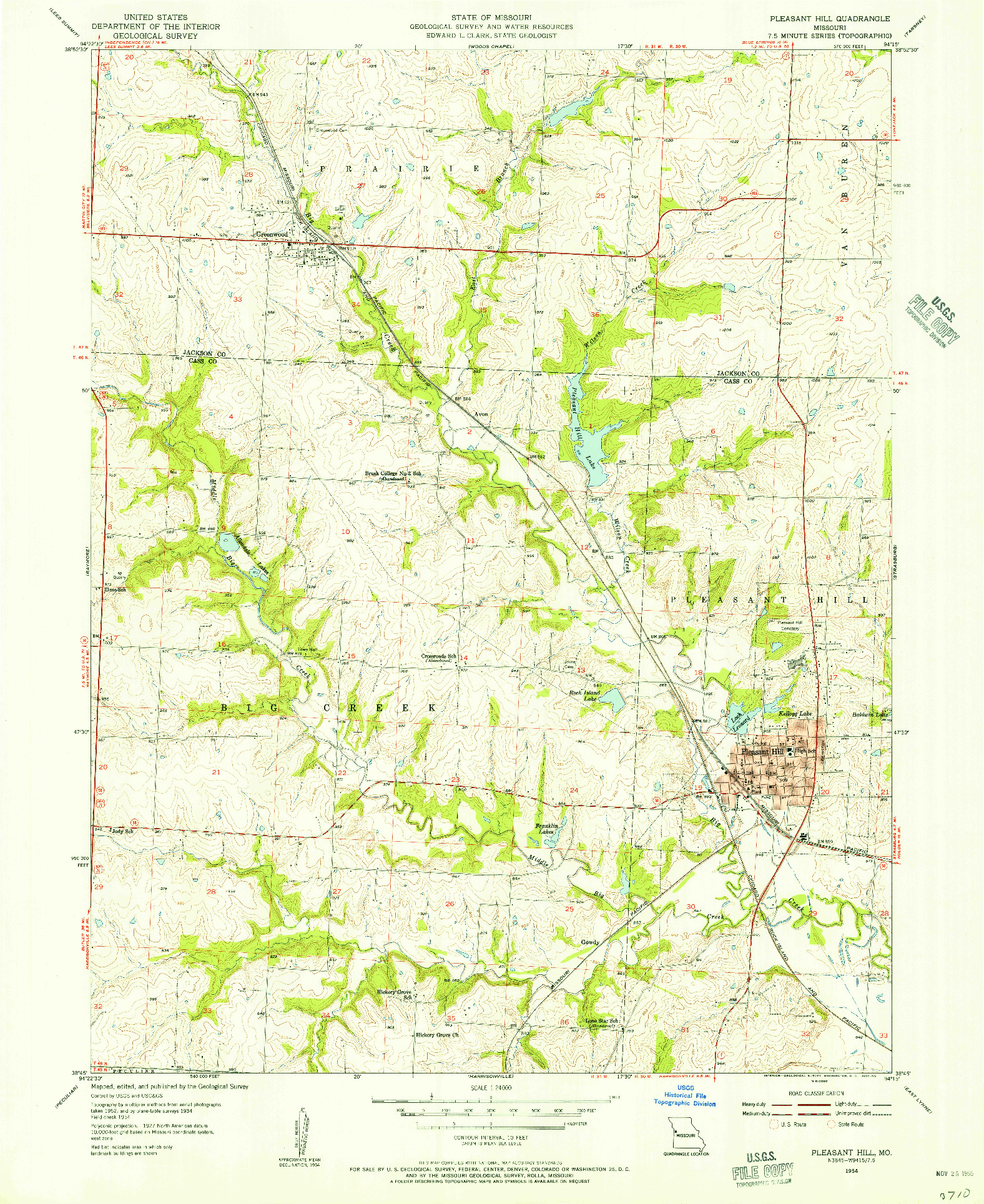 USGS 1:24000-SCALE QUADRANGLE FOR PLEASANT HILL, MO 1954